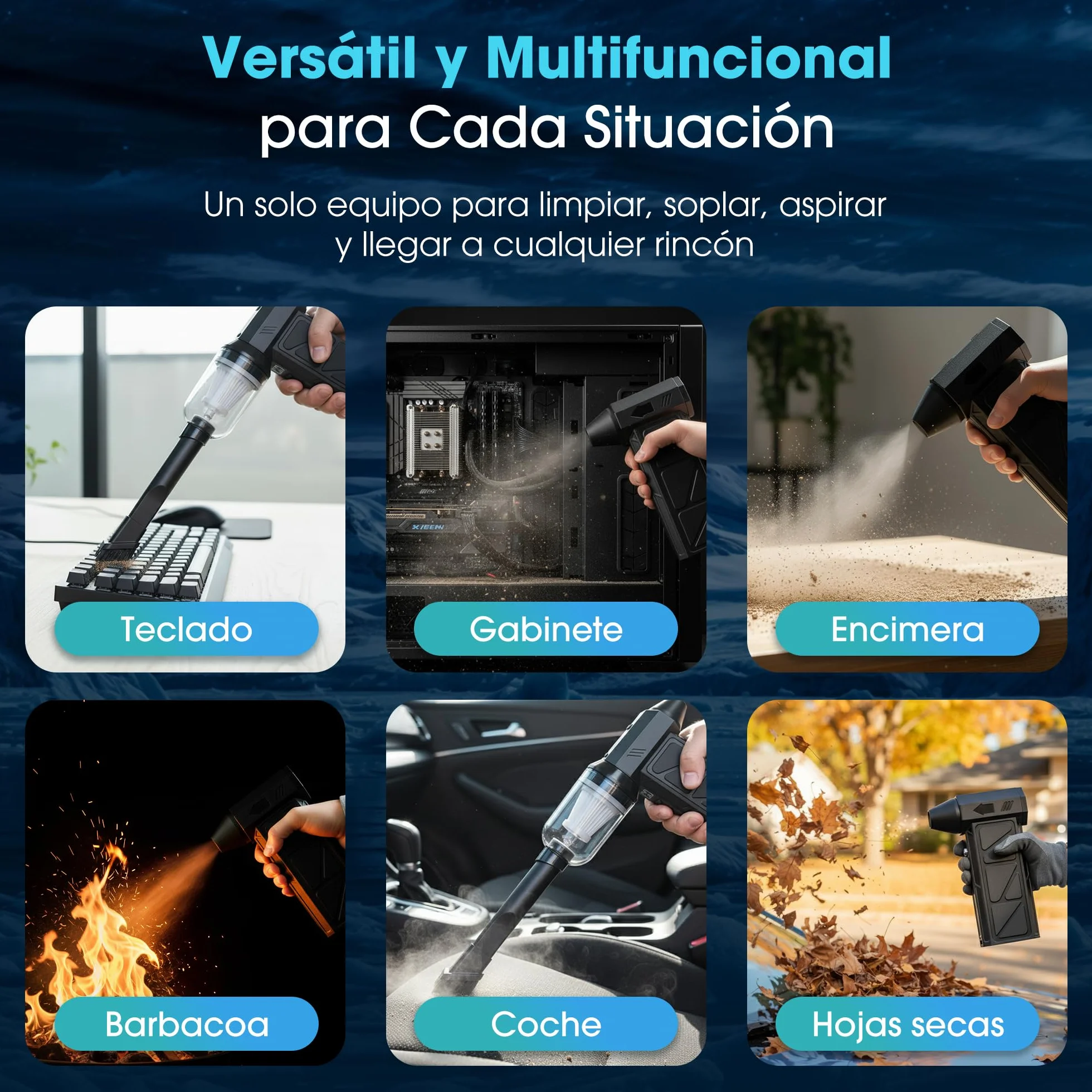 Soplador de Aire Eléctrico 2 en 1, 130000 RPM, 4000 mAh, con Luz LED para Limpieza de PC y Coche