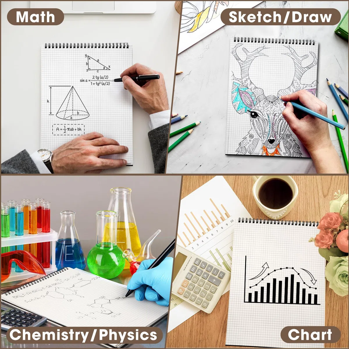 Engrowtic Paquete de 6 cuadernos de papel gráfico en espiral superior de 8.7 x 11.4 pulgadas, bloc de notas de papel cuadriculado A4, 70 hojas, bloc de notas para ingeniería, escritura, bocetos