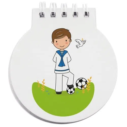 Genérico Libreta Espiral Redonda con Diseño de Niño Futbolista, 40 Hojas, Empaque Individual, Regalo Comunión Niño (50)