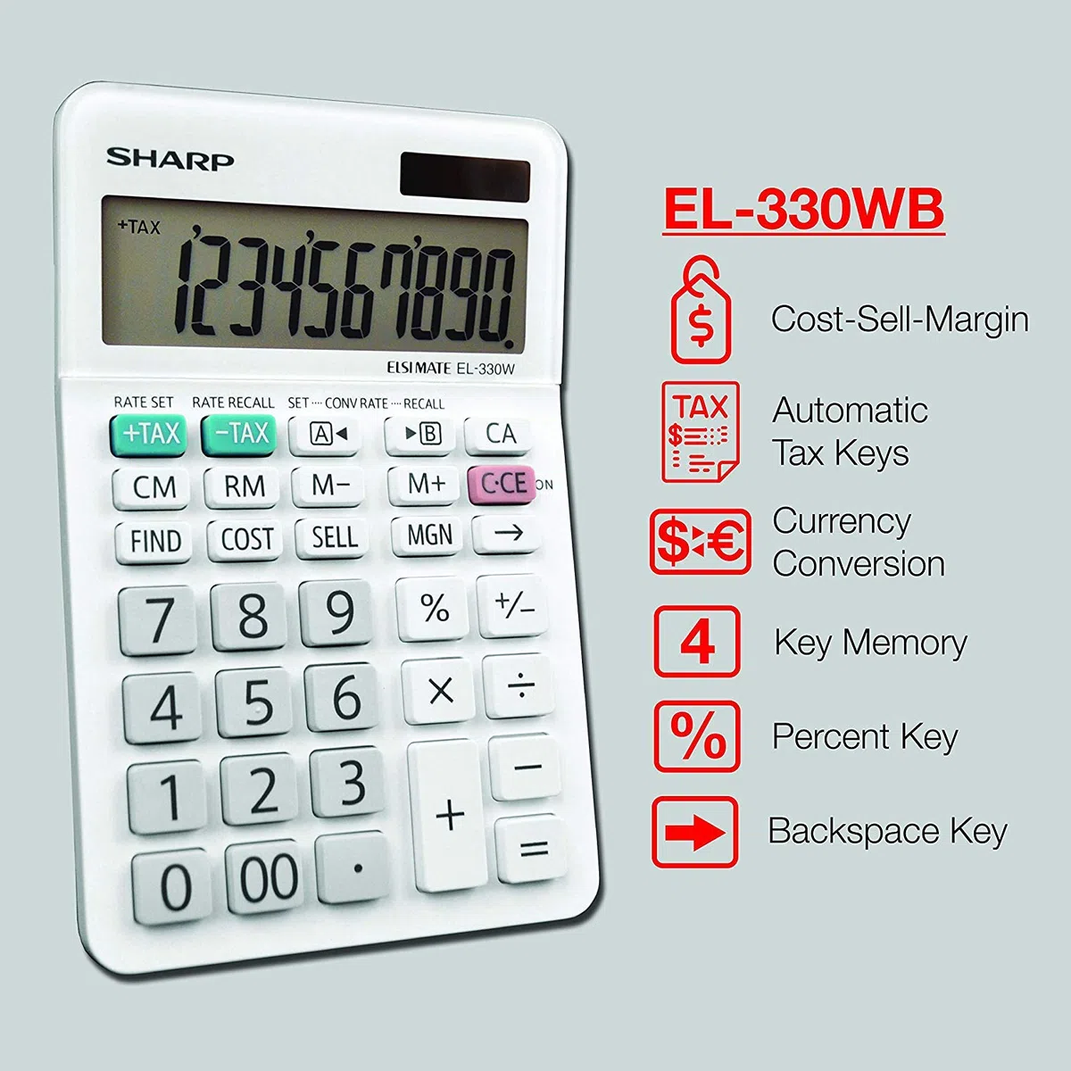 Sharp EL-330WB - Calculadora básica de escritorio de función estándar, pantalla grande, para el hogar y la oficina, doble potencia, solar y batería, paquete de 5 unidades