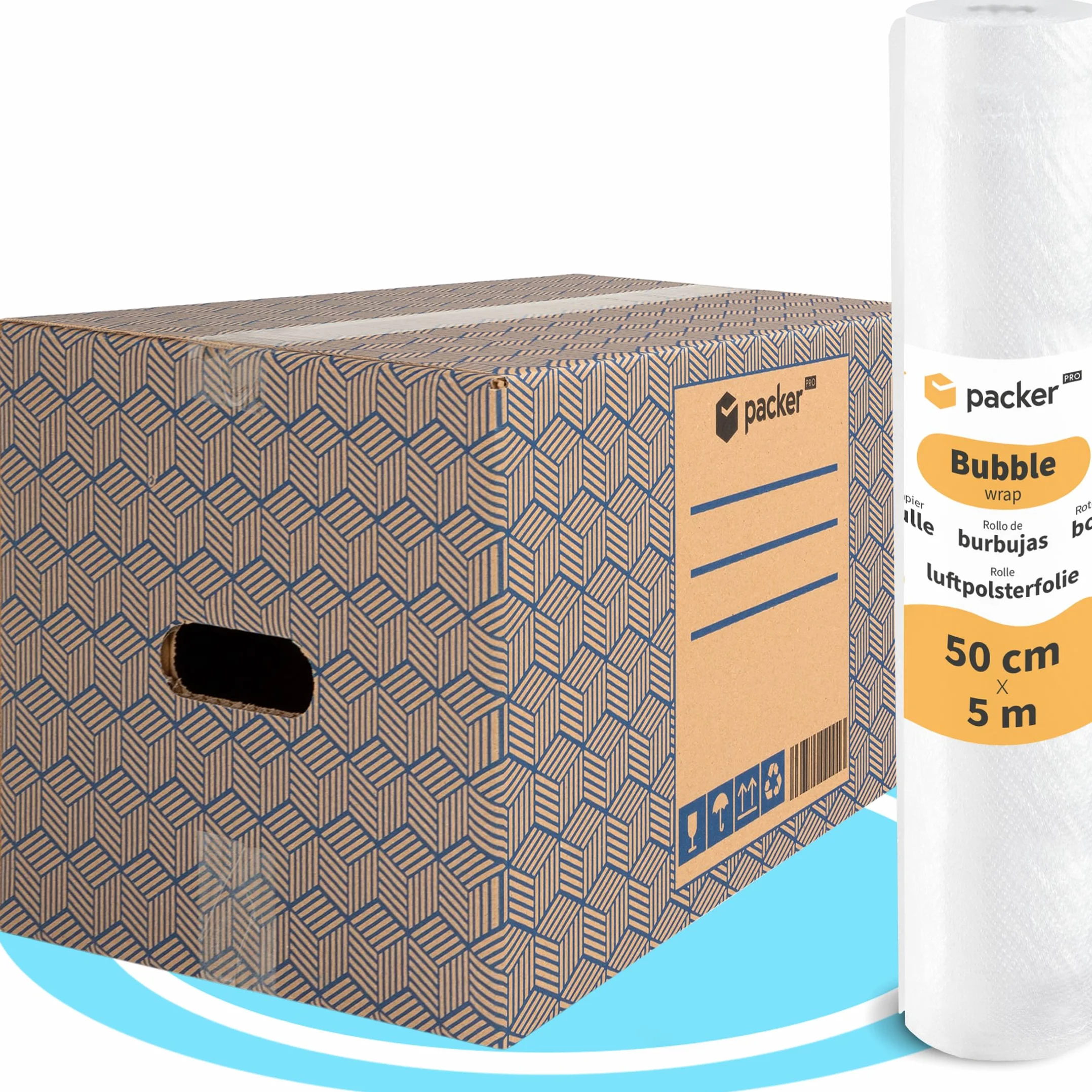 Pack 20 Cajas Carton para Mudanzas y Almacenaje Ultra Resistentes con Asas, 50x30x30cm y Rollo Burbuja 50cm x 5m