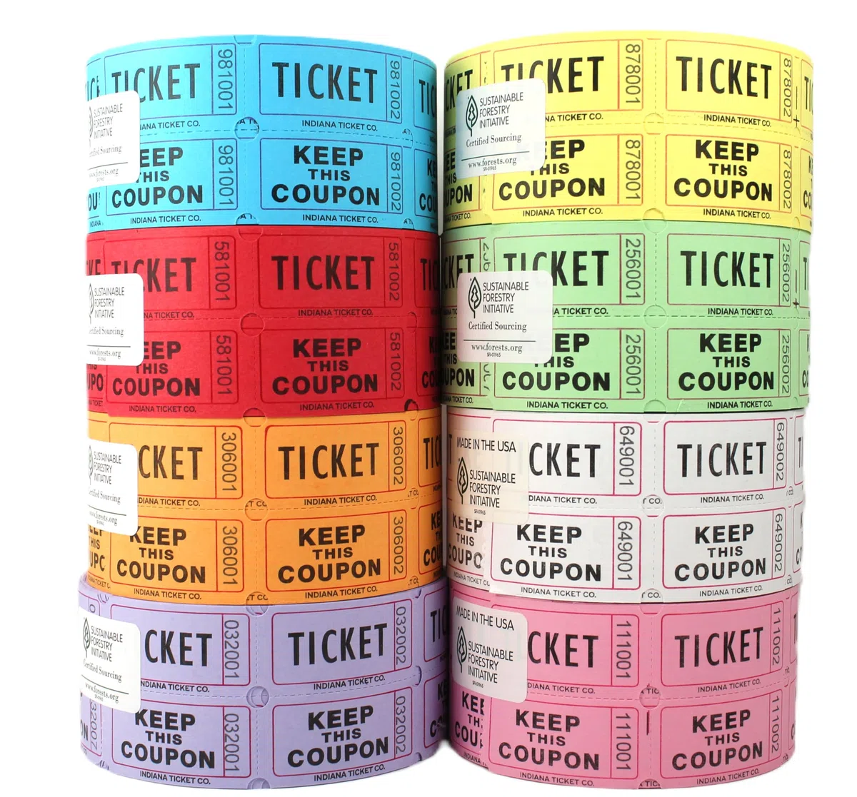 INDIANA TICKET CO. Doble rollo de 8 boletos para rifa. 8 rollos de 1,000. 1 rollo cada uno rojo, azul, naranja, morado, verde, blanco, rosa y amarillo. Entradas para eventos, recompensas de clase,