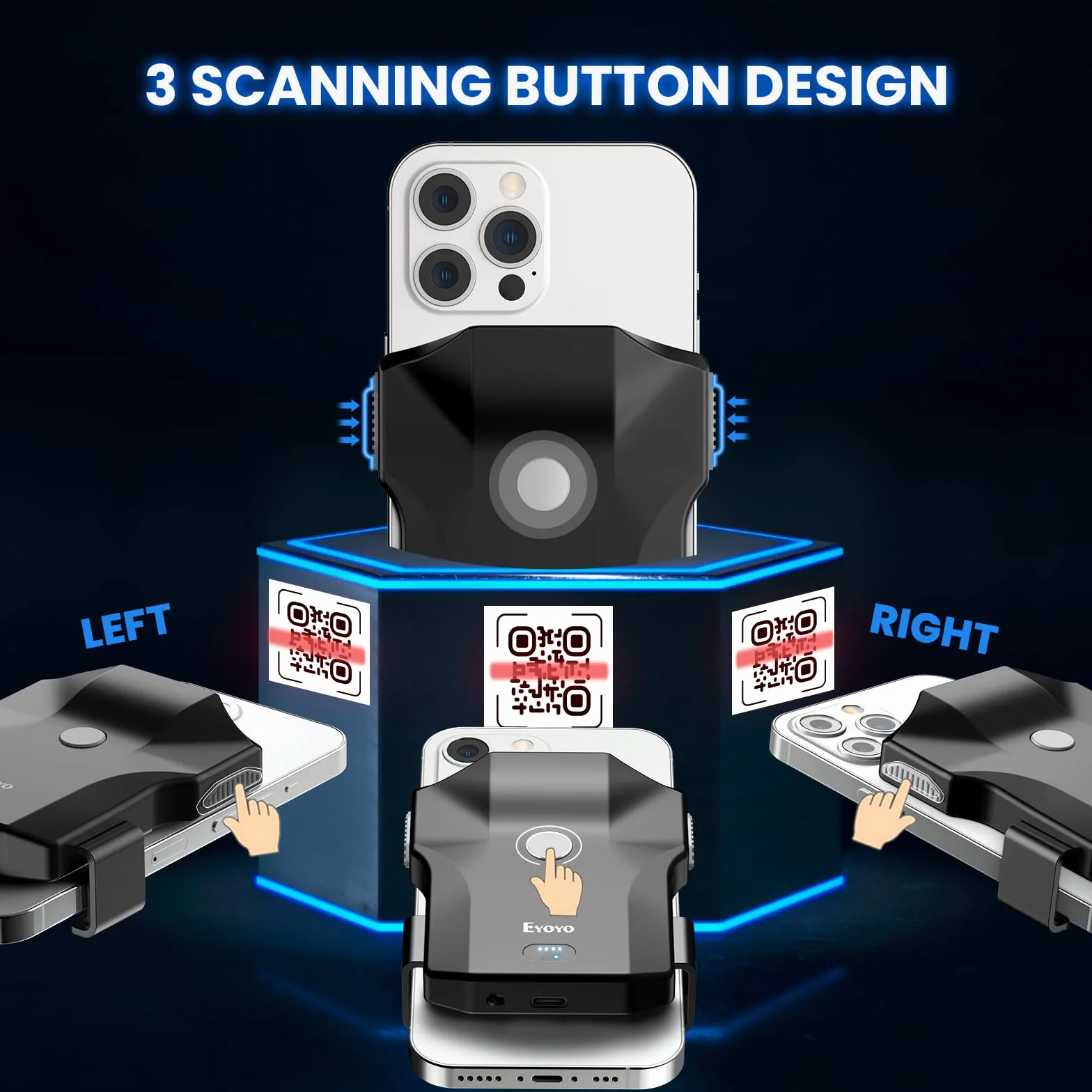 Eyoyo escáner de código de Barras Bluetooth 1D 2D QR Back Clip escáner de Mano 2.4G inalámbrico, 10 Horas de Trabajo y Recargable Lector de código de Barras Compatible con iPhone, Android, iOS