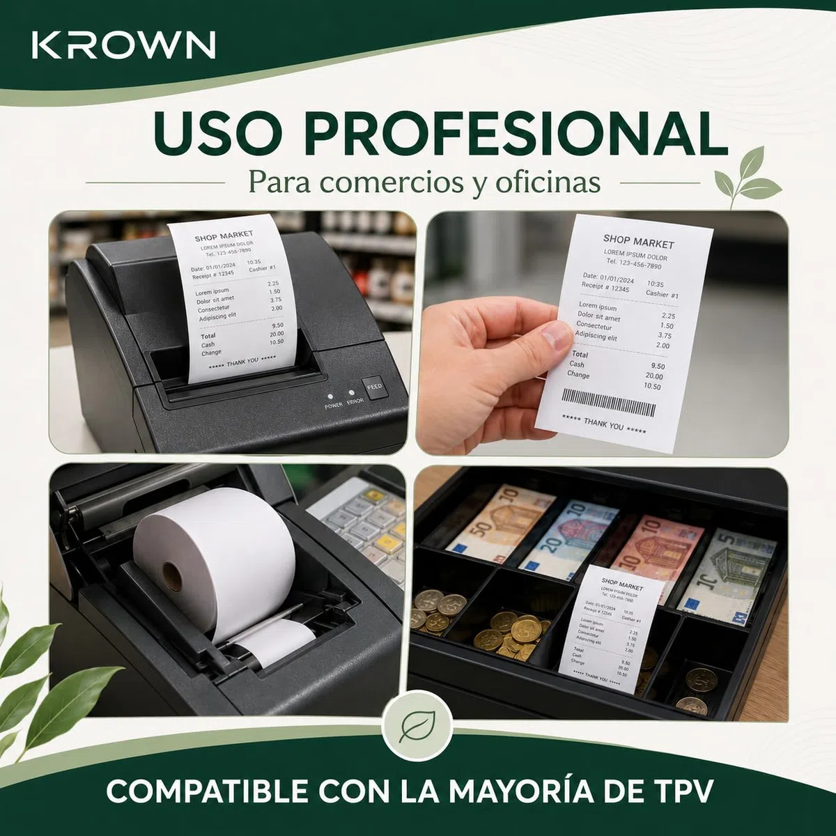 KROWN Rollo de Papel Térmico 80 x 80 x 12 mm Sin BPA – Papel para Tickets, Impresoras Térmicas, TPV, Cajas Registradoras, Básculas y Recibos (48)