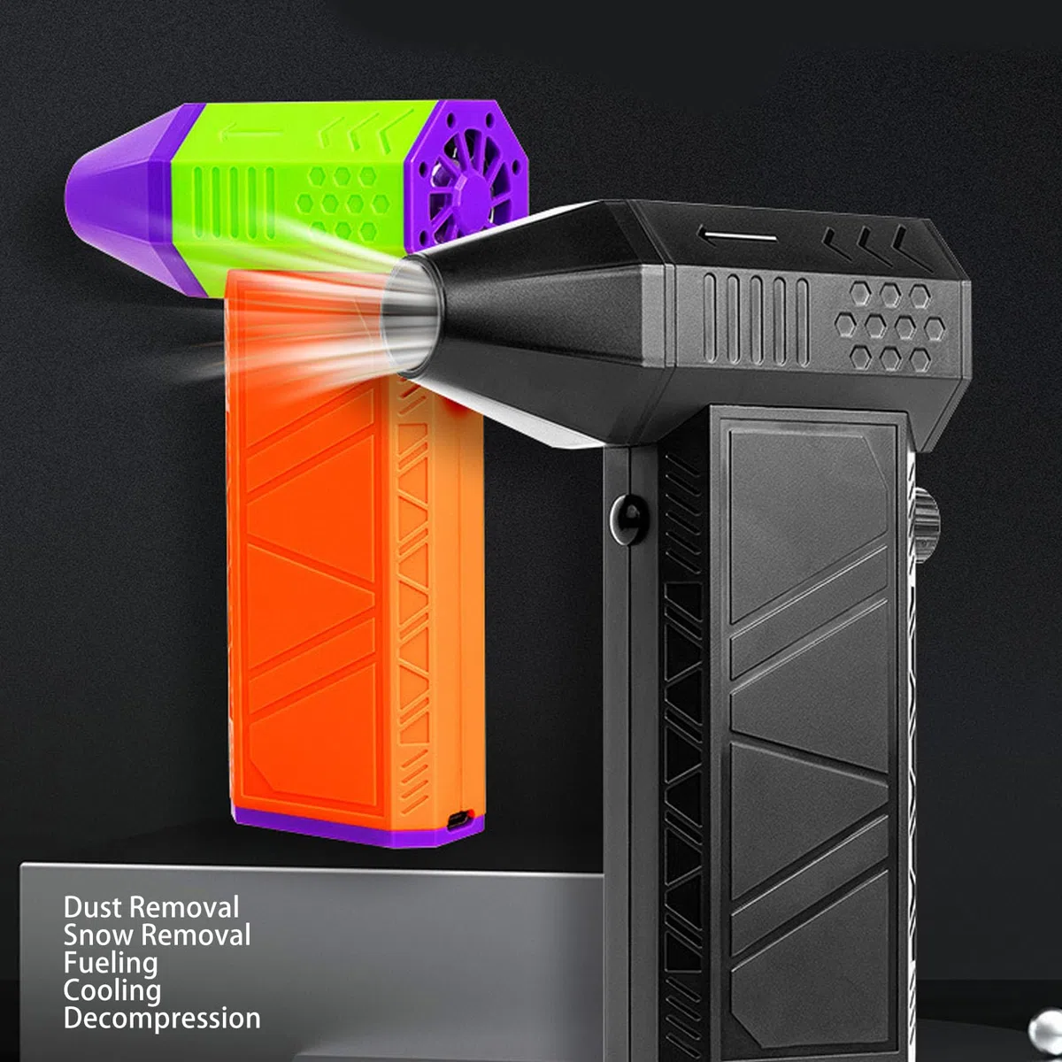 Colector de polvo de aire comprimido para soplar nieve y quitar el polvo, 130.000 rpm con 2 boquillas magnéticas inalámbricas USB para secador de coche, soplador (Negro)