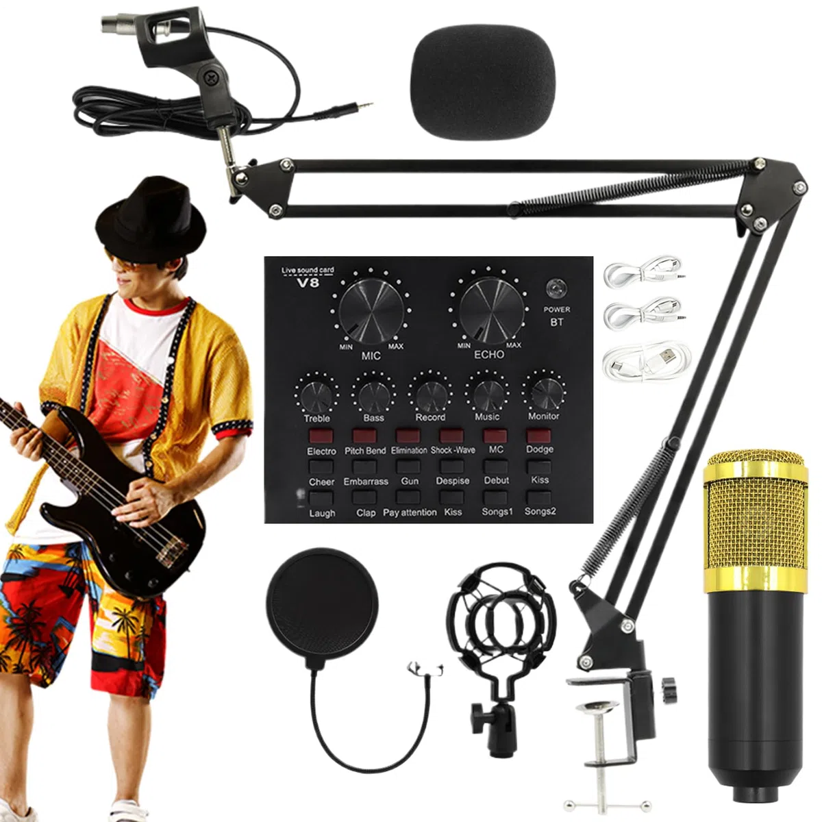 Equipo de Grabación de Estudio Tarjeta Sonido Streaming con Soporte Y | Equipo De Transmisión En Kit Micrófono Fácil para Streaming, Accesorios Audio Suministros Equipo Grabación