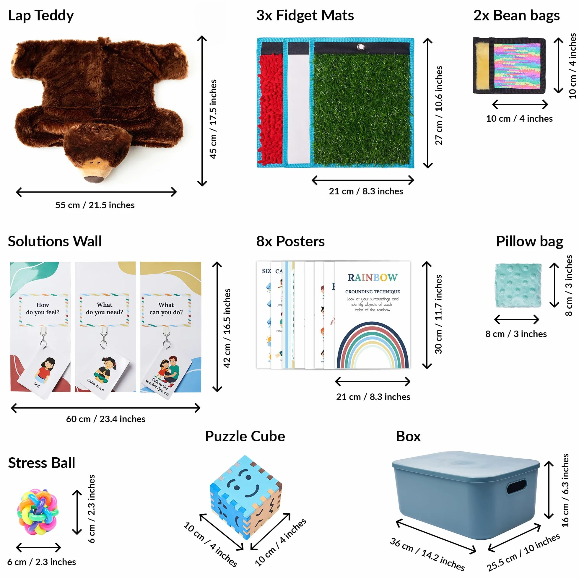 ODOXIA Rincón De Calma | Artículos para Niños | Pósters Relajantes para Aulas | Kit De Rincón De Calma con Carteles, Mural De Soluciones, Objetos Y Juguetes Sensoriales | Ideal para Aulas Y Hogares