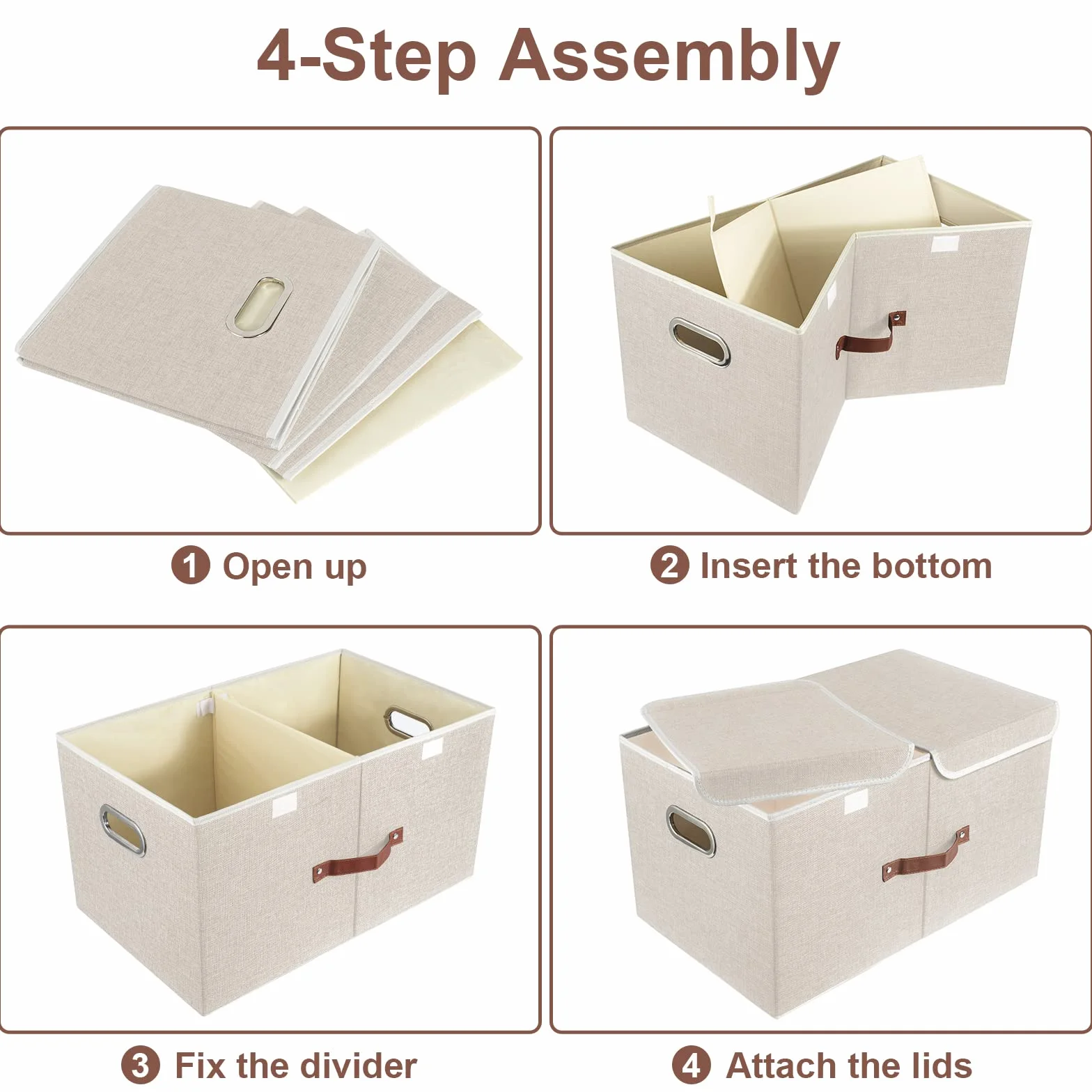 TYEERS Caja de Almacenaje con Compartimentos Extra Grande, Tela, Plegable, Caja Organizadora, 55x33x30 cm, Juego de 3, Beige
