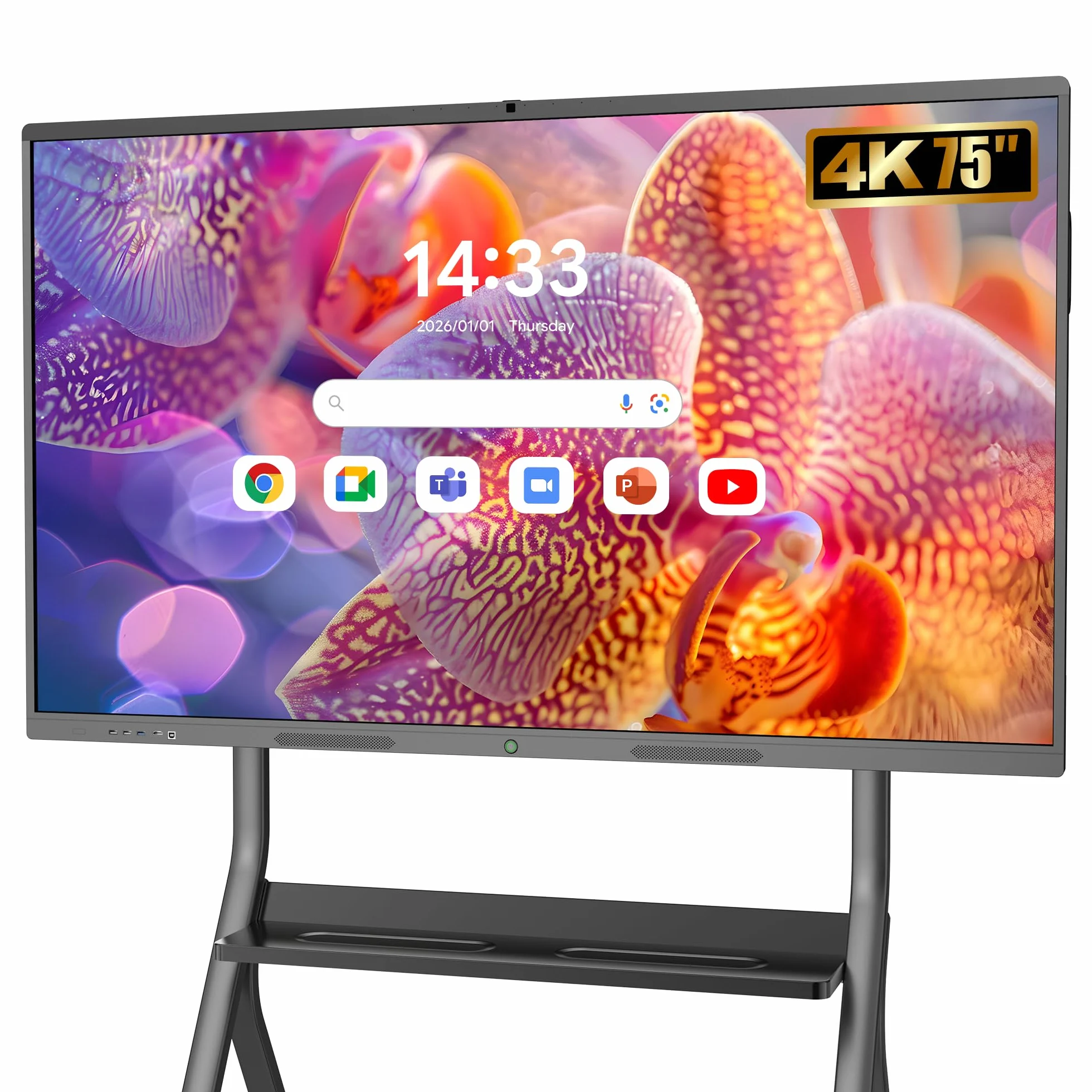 75" Pizarra Inteligente 4K UHD, Pantalla Táctil con Cámara y Micro Integrados, Android OS, 8+128GB, Soporte WiFi/Bluetooth/HDMI/USB, Monitor Interactivo para Oficina/Escuela/Teletrabajo