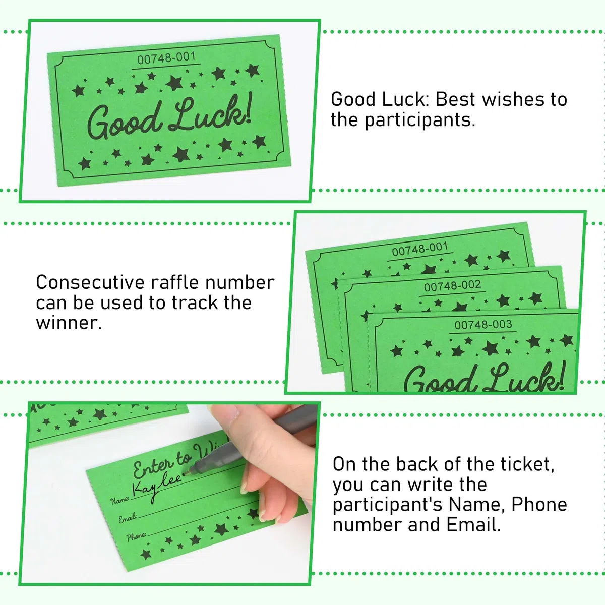 ESSENTIAL 500 boletos de rifa, tarjetas de rifa de buena suerte, formulario de entrada con nombre, teléfono y correo electrónico para rifa, eventos, entrada, recompensa de clase y premio de puerta,
