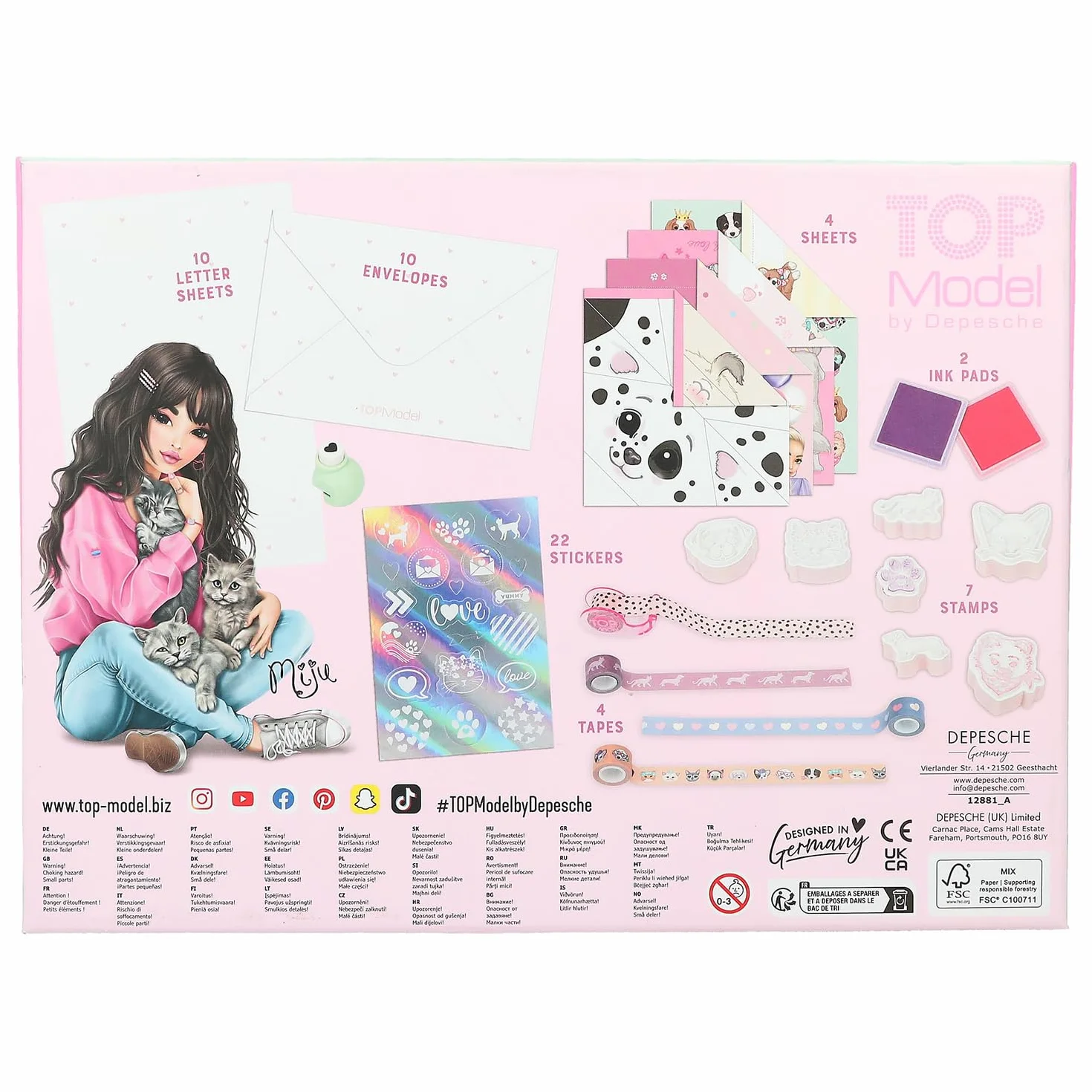 Depesche 12881 TOPModel Kitty and Doggy - Set de Letras a Mano en diseño de Perros y Gatos, Incluye Papel de Carta, Sobres, Pegatinas, Sello UVM.