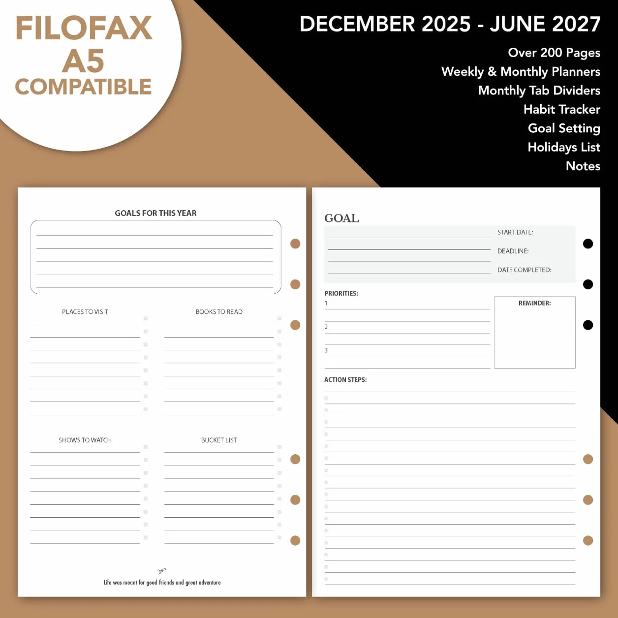 WANDERINGS Planificador A5 Cuero Carpeta - Diario Recargable 6 Anillas - Organizador Cuero Genuino Hecho a Mano Compatible Filofax