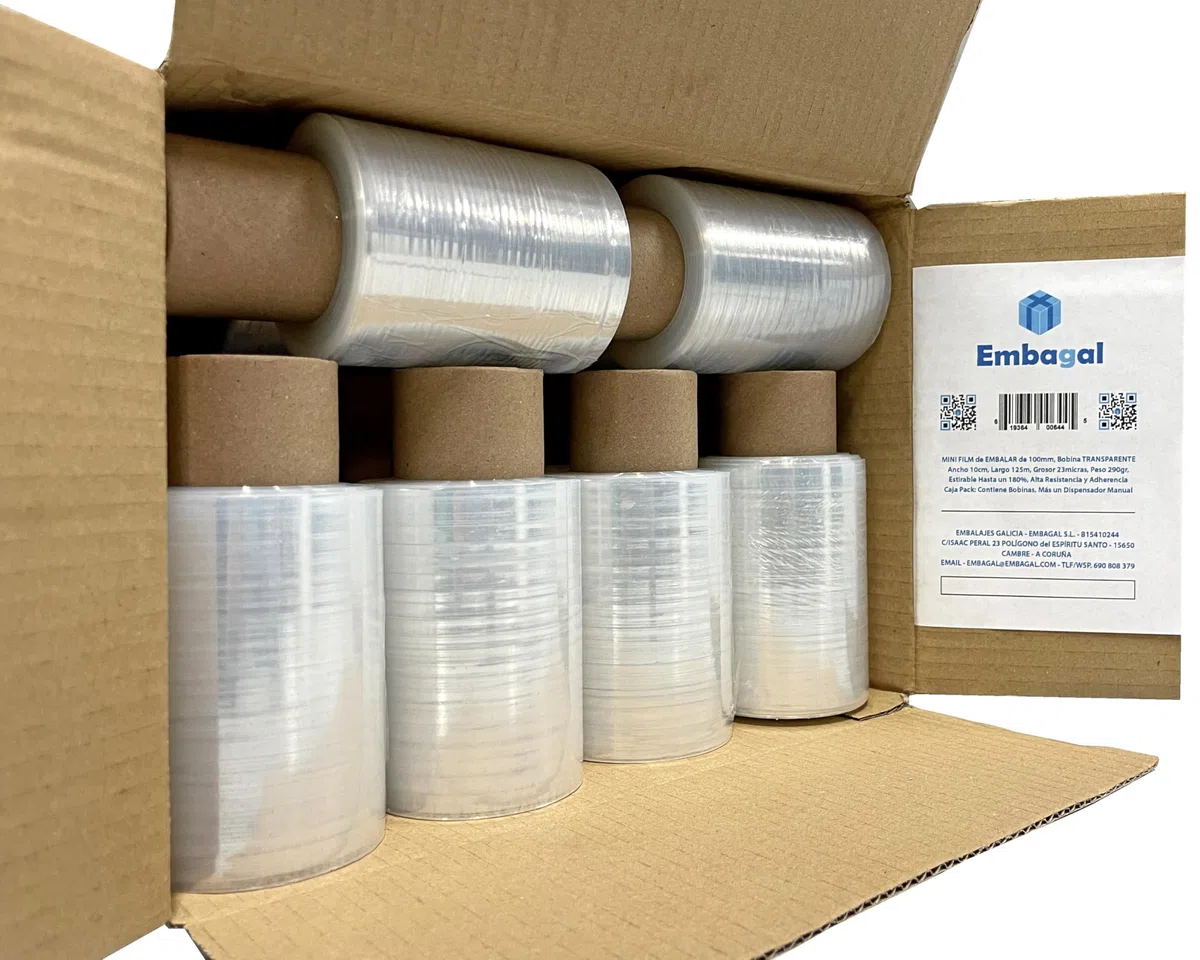 MINI FILM Manual de EMBALAR | Ancho 100mm, 125Metros de Largo, 180% ESTIRABLE | BOBINA de PLÁSTICO de POLIETILENO de 23μ Micras, 290gr | Pack: (TRANSPARENTE, 42ud)