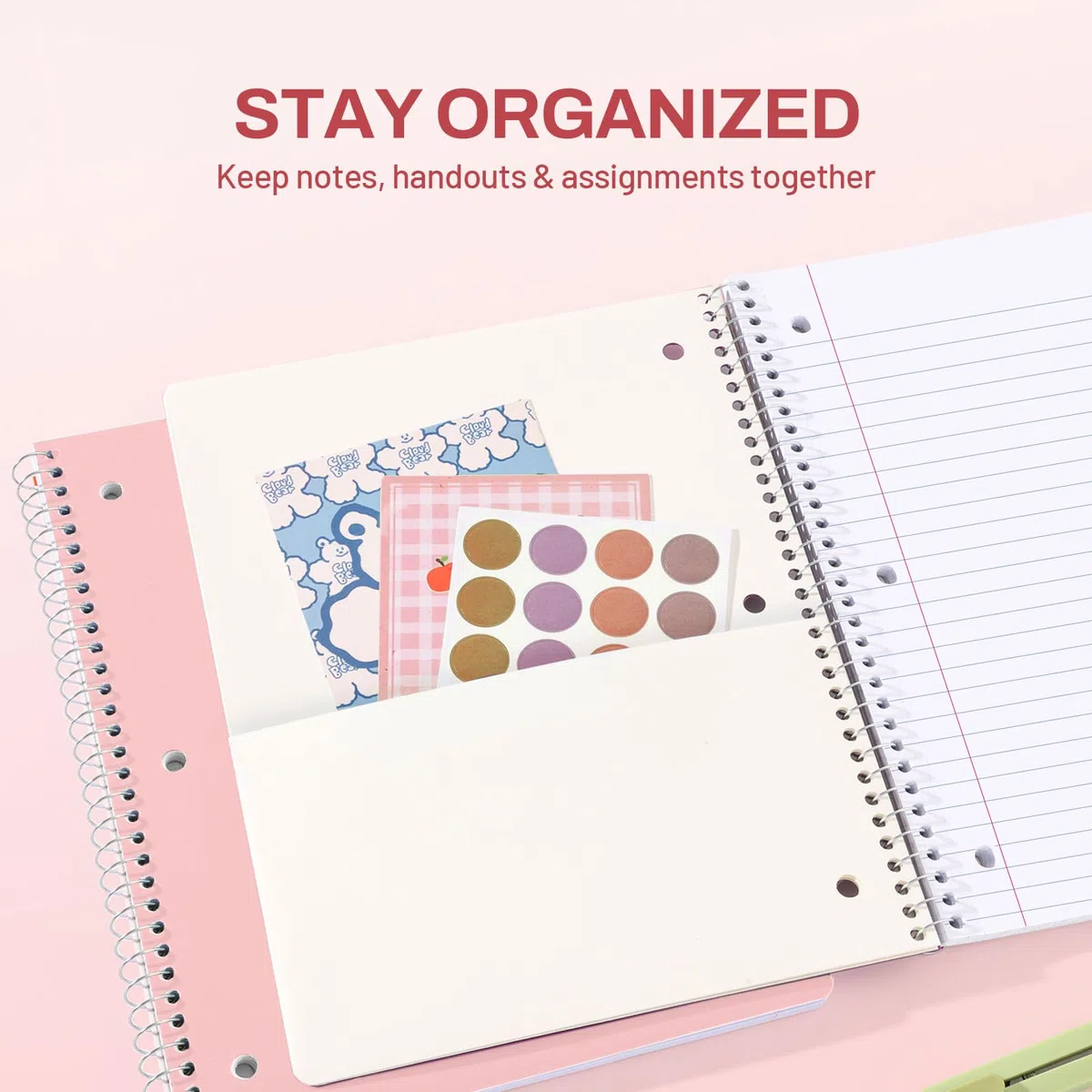 SUNEE Cuaderno en espiral, 1 materia, papel rayado ancho, 8 x 10-1/2 pulgadas, 100 hojas por cuaderno, papel perforado de 3 agujeros, cubierta resistente al agua, bolsillos de doble cara, cuadernos