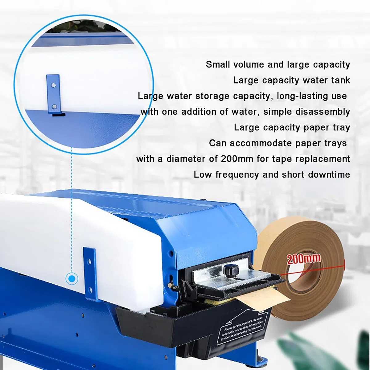 Dispensador de cinta Kraft, máquina de papel manual semiautomática de pegamento húmedo, compatible con 20-100 mm de ancho y hasta 200 mm de diámetro máximo del rollo