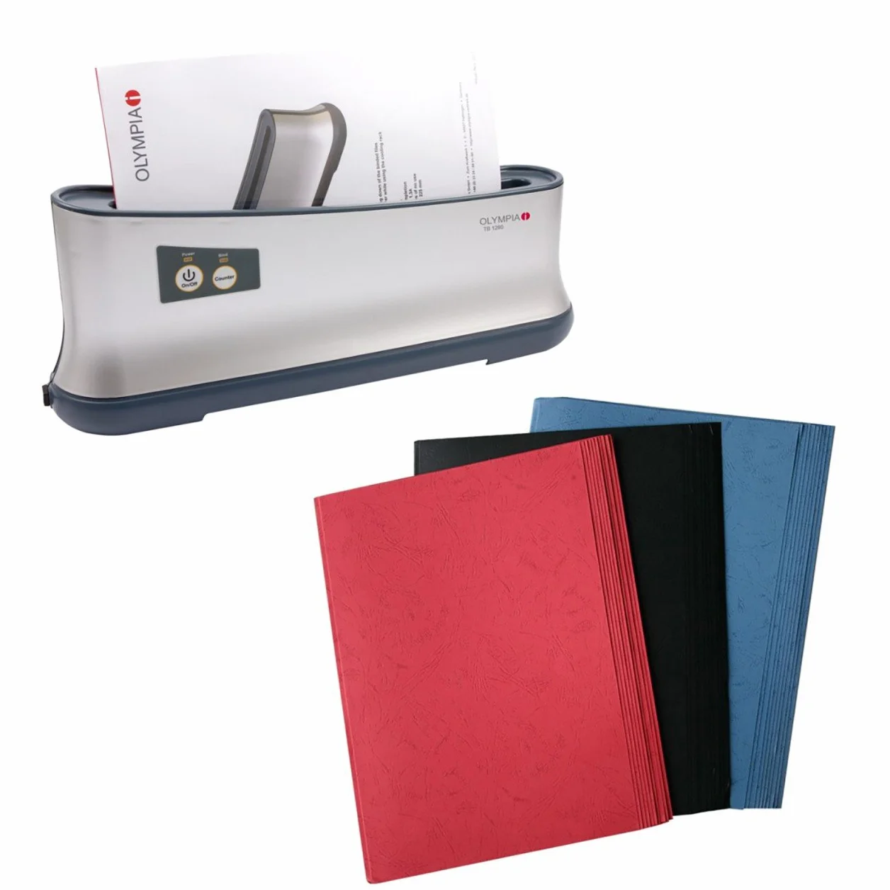 OLYMPIA TB 1280 - Encuadernadora térmica con 30 carpetas de encuadernación térmica DIN A4 en tres colores surtidos
