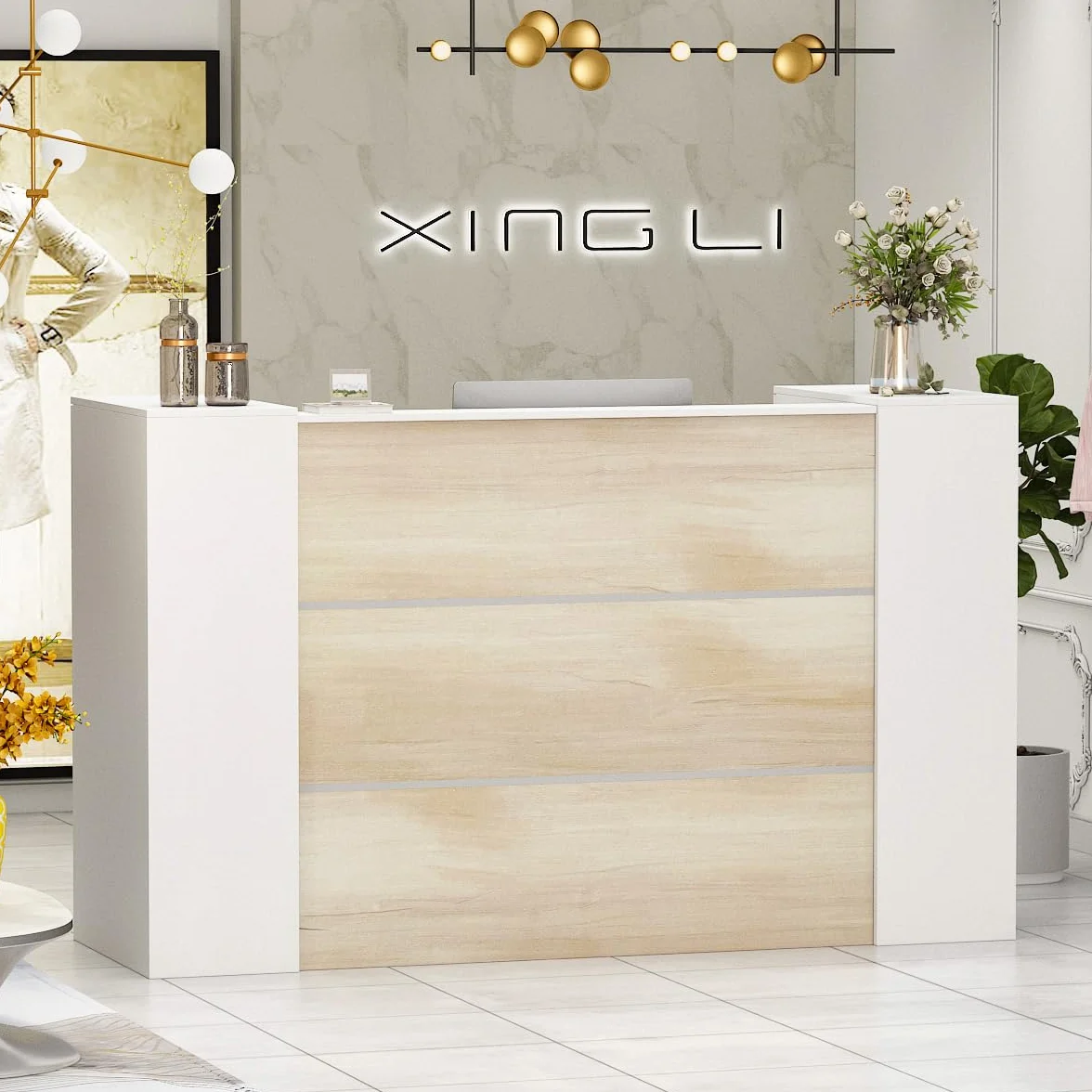 Mueble Recepción, Mostradores de Recepción Grandes, Mostradores para Tiendas con Estantes Ajustables, Recepción Mueble, Madera +Blanco, 180 X 60 X 110CM, MDF