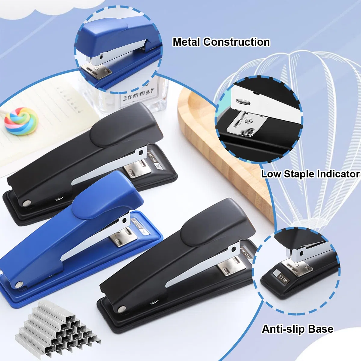 smilixin 2 grapadoras, 25 hojas de capacidad con 2000 grapas estándar, grapadoras de escritorio resistentes, grapadoras de oficina, grapadoras de escritorio para oficina escolar, negro y azul