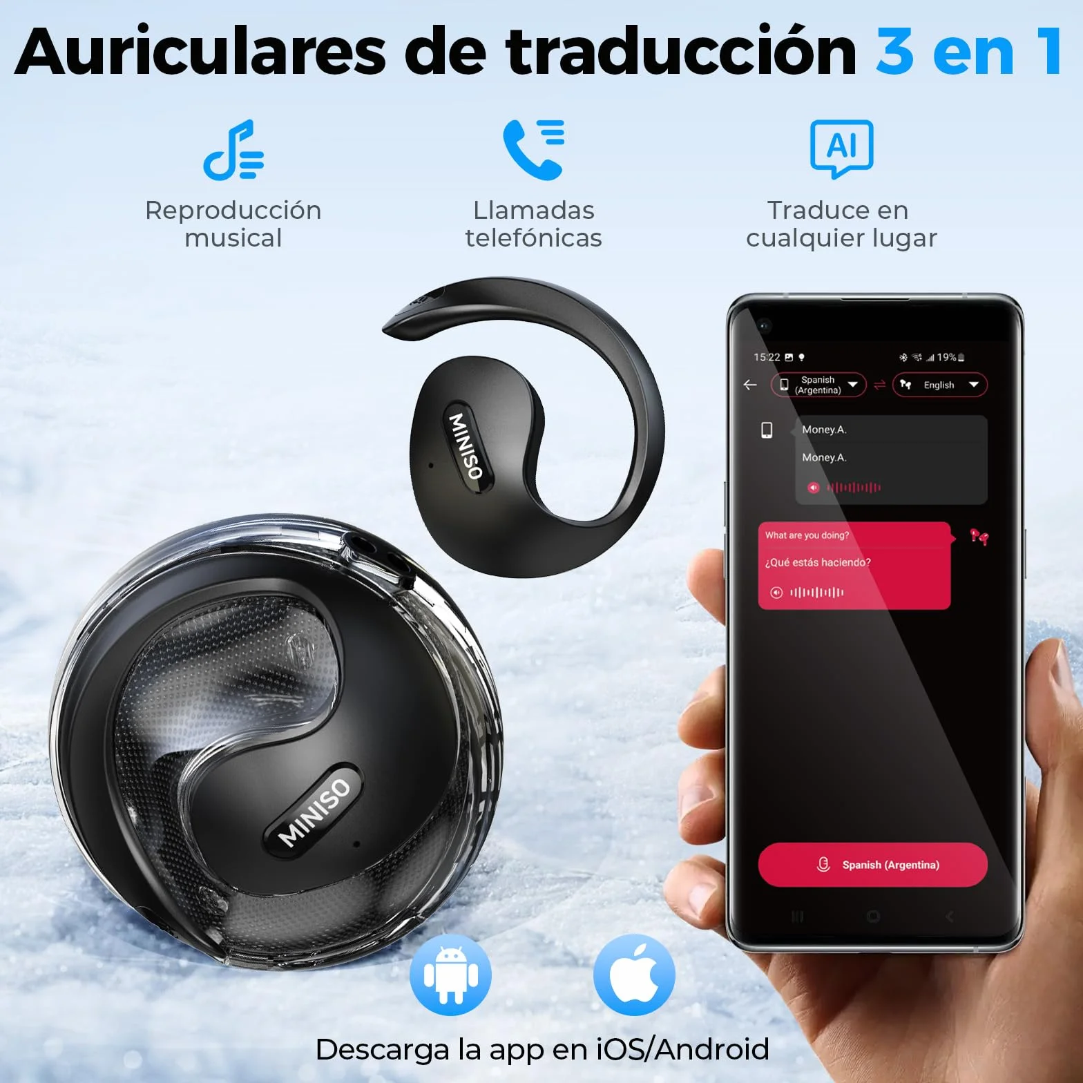MINISO X15PRO AI Auriculares Traductores, Traductor Instantaneo de Voz 3 en 1 en Tiempo Real en 134 Idiomas con App, Compatible con iOS y Android, Negro