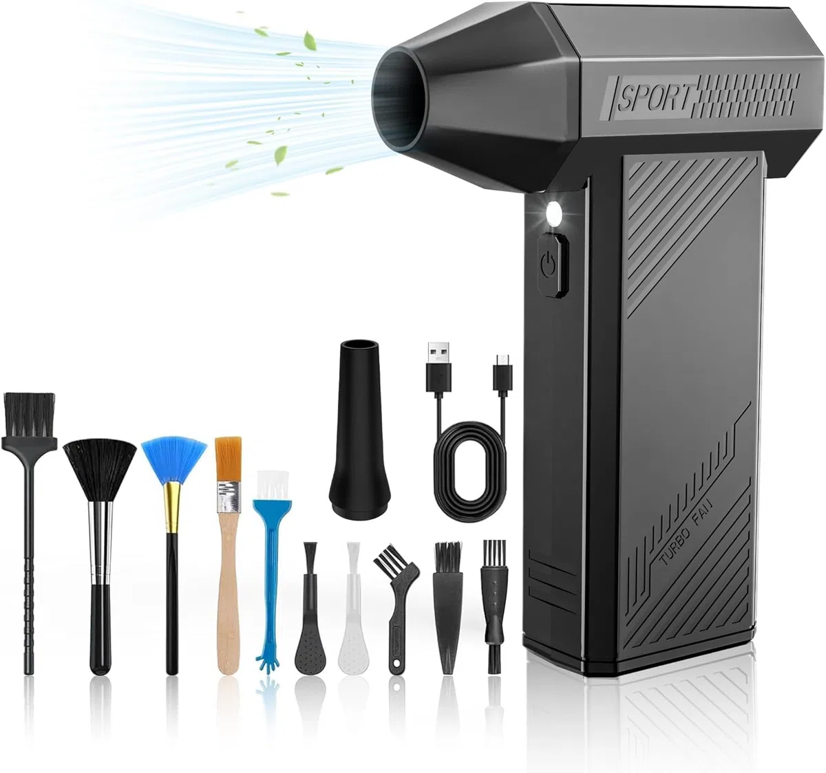 MJY 180000Rpm 85m/s 230g Soplador de polvo eléctrico, Aire comprimido 7600 mAh batería de 4 marchas ajustable con linterna LED para coche de coche, PC, Dispositivos electrónicos juego de limpieza para