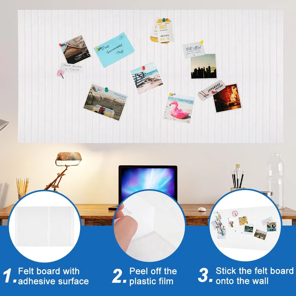 Gran Corcho Pared Autoadhesivo 120x80cm 0,9 cm de Grosor Tablero De Corcho Fieltro, 4 Unidades Tablón De Anuncios 60 x 40cm, Pizarra De Corcho con 40 Chinchetas (Blanco)