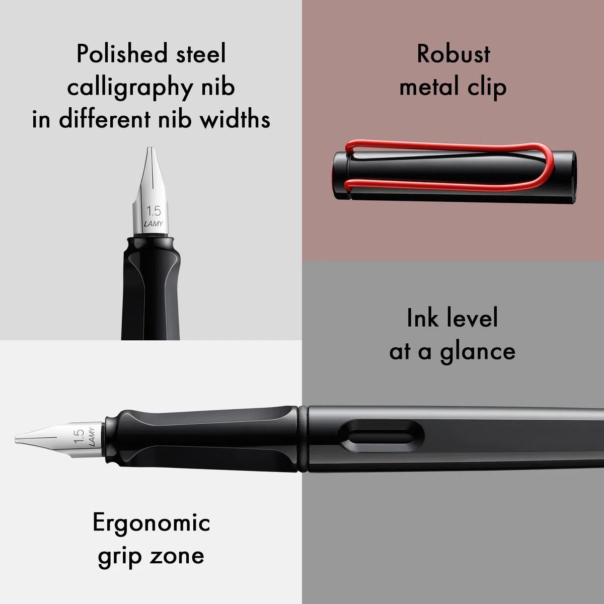 Lamy joy black pluma caligráfica - con empuñadura ergonómica y plumín de acero pulido de 1,5 mm - Pluma caligráfica con plumín caligráfico - cartucho de tinta T 10 blue incl.