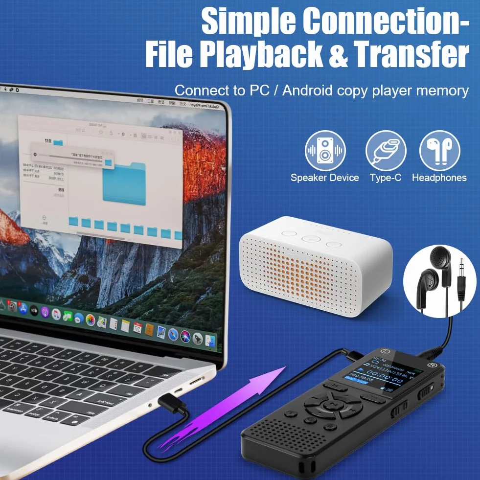 OFFCUP 64GB Grabadora de Voz, 1536kbps Dictáfono Digital con Contraseña, Carga USB Grabadora de Audio Grabación Continua de 60h, Grabadora de Voz Portátil con MP3 para Conferencia Clases Entrevistas