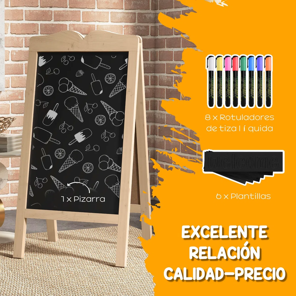 Vinsetto Pizarra Caballete Plegable y Magnética 51x60x101 cm Natural | Pizarra Doble Cara, 6 Tableros, 8 Tizas Líquidas, Marco de Madera