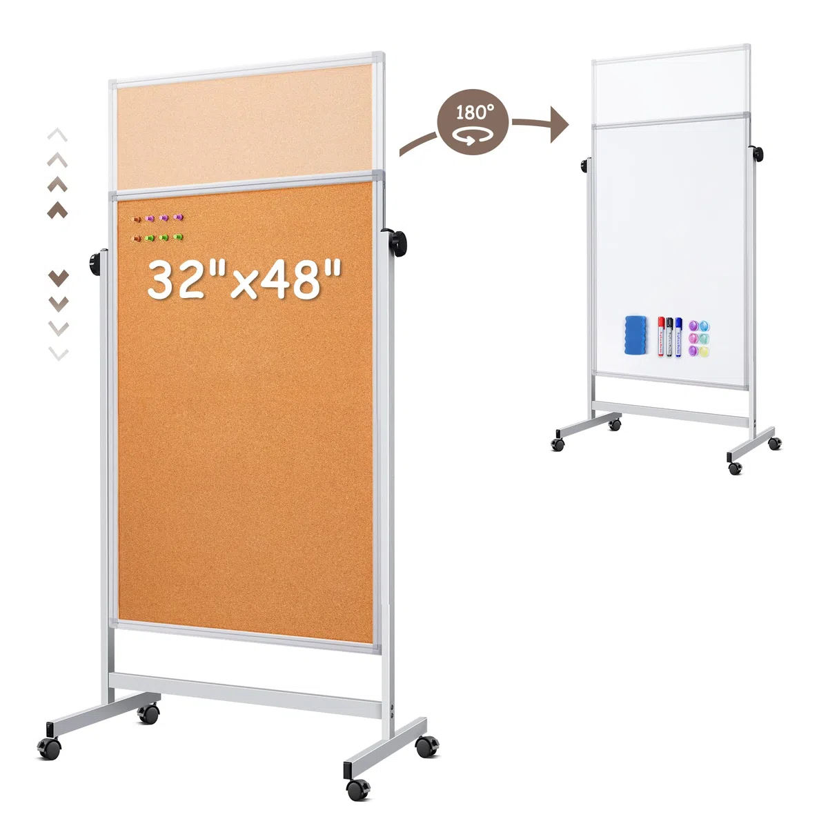 Tablero de anuncios de corcho móvil y pizarra blanca de 32 x 48 pulgadas, combo de tablero de corcho magnético de borrado en seco, pizarra blanca de doble cara ajustable con soporte para hogar,