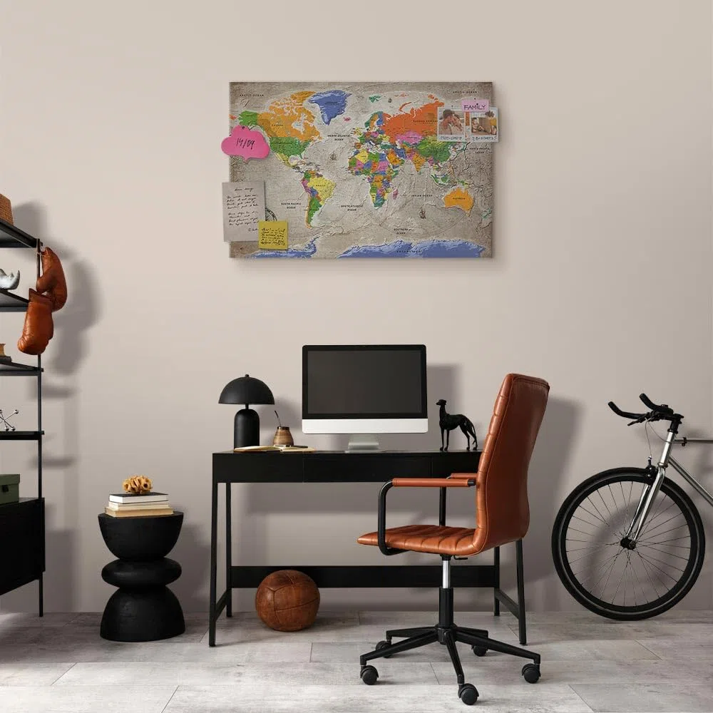 murando - Mapamundi con tablero para clavar chinchetas 120x80 cm - Cuadro | Lienzo estructurado - Panel de Fibra - Mapa del Mundo Continente