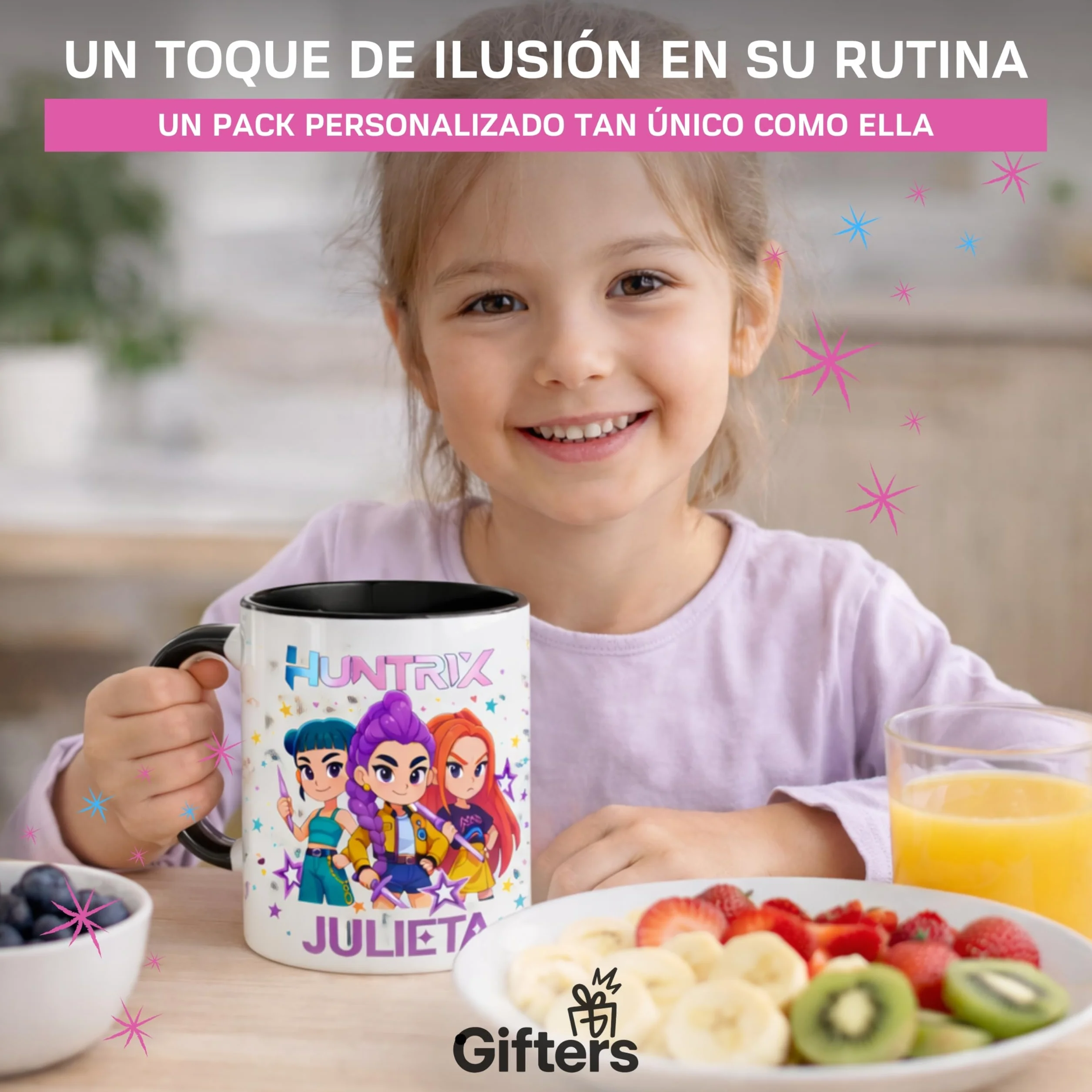 Gifters | Pack Bolsa Personalizada con Nombre + Botella Acero Inoxidable 750 ml + Taza Cerámica 325 ml | Diseño Personajes Estilo K-Pop | Regalo Original para Niña, Cumpleaños, Navidad y Comunión