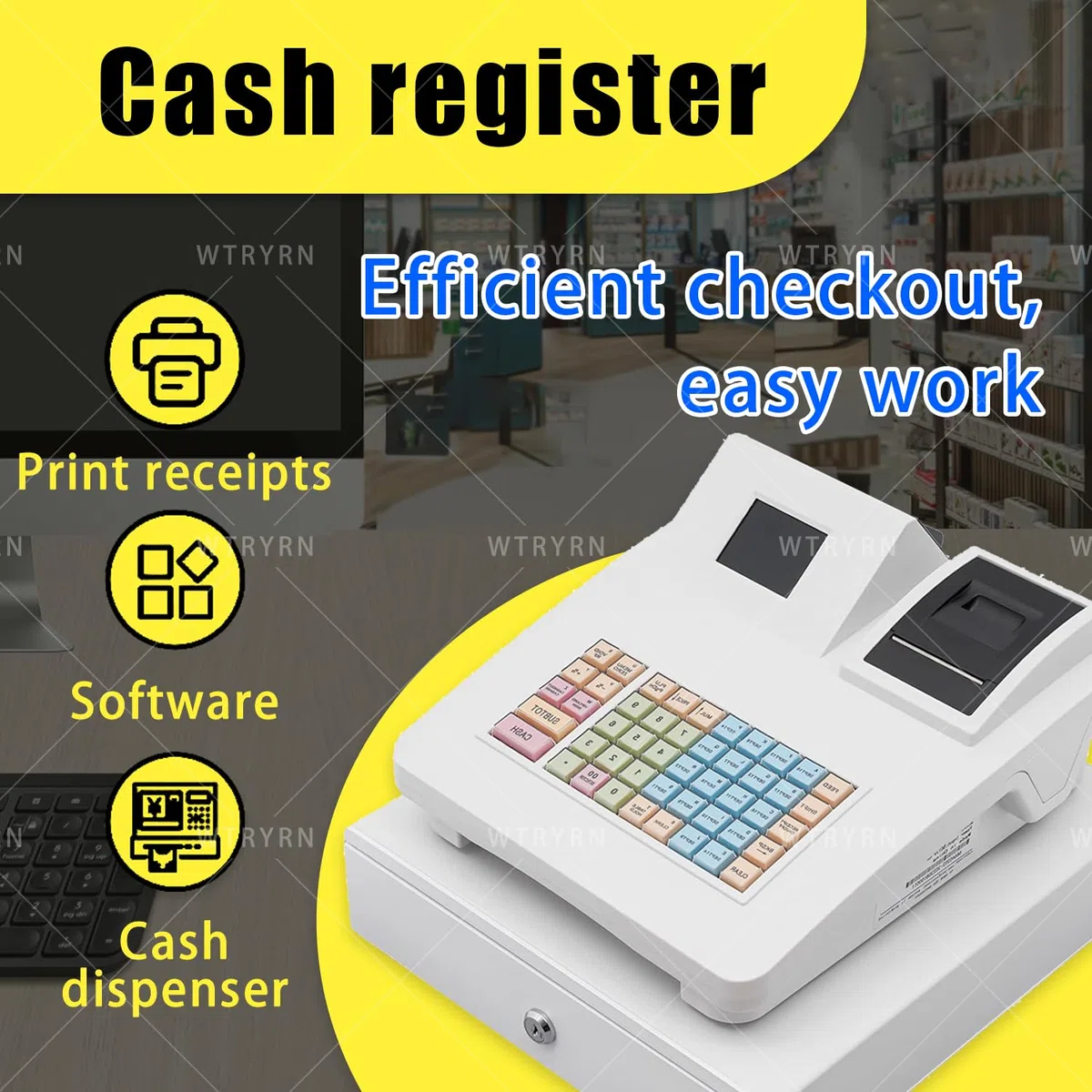 Caja registradora térmica electrónica TPV, 60 000 Registros de transacciones, 8 métodos de Pago, Teclado programable para comercios y restauración. Black