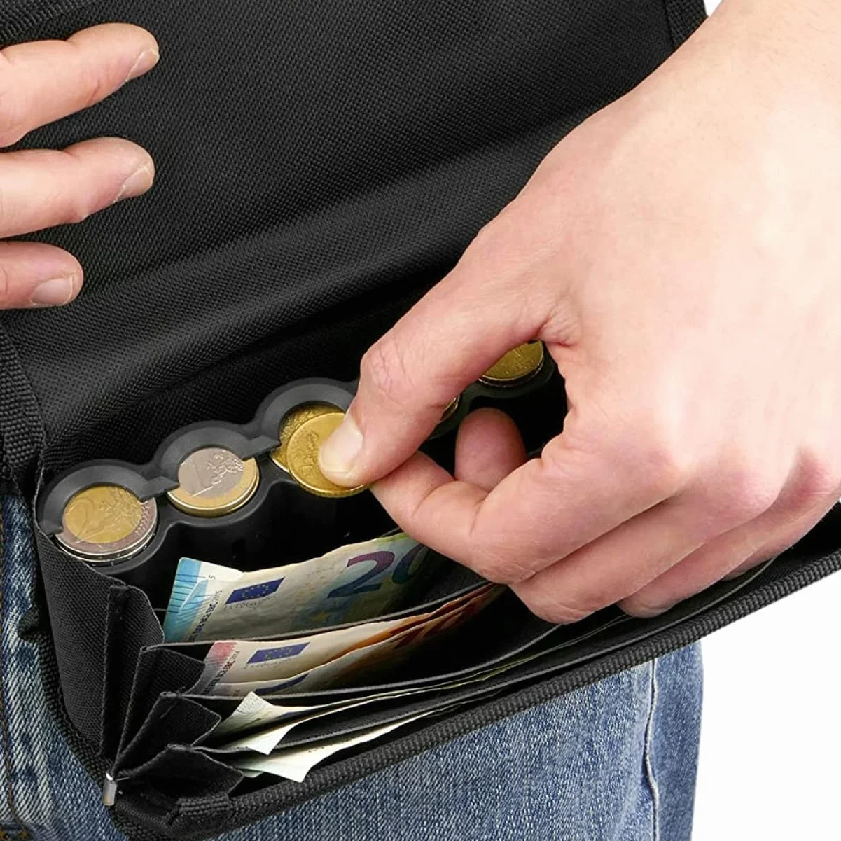 Riñonera con Billetero y Monedero con cinturón y clasificador y Organizador de Euros Monedero Camarero Clasificador de Monedas Organizador de Monedas Bolsa de Almacenamiento de Monedas con cinturón