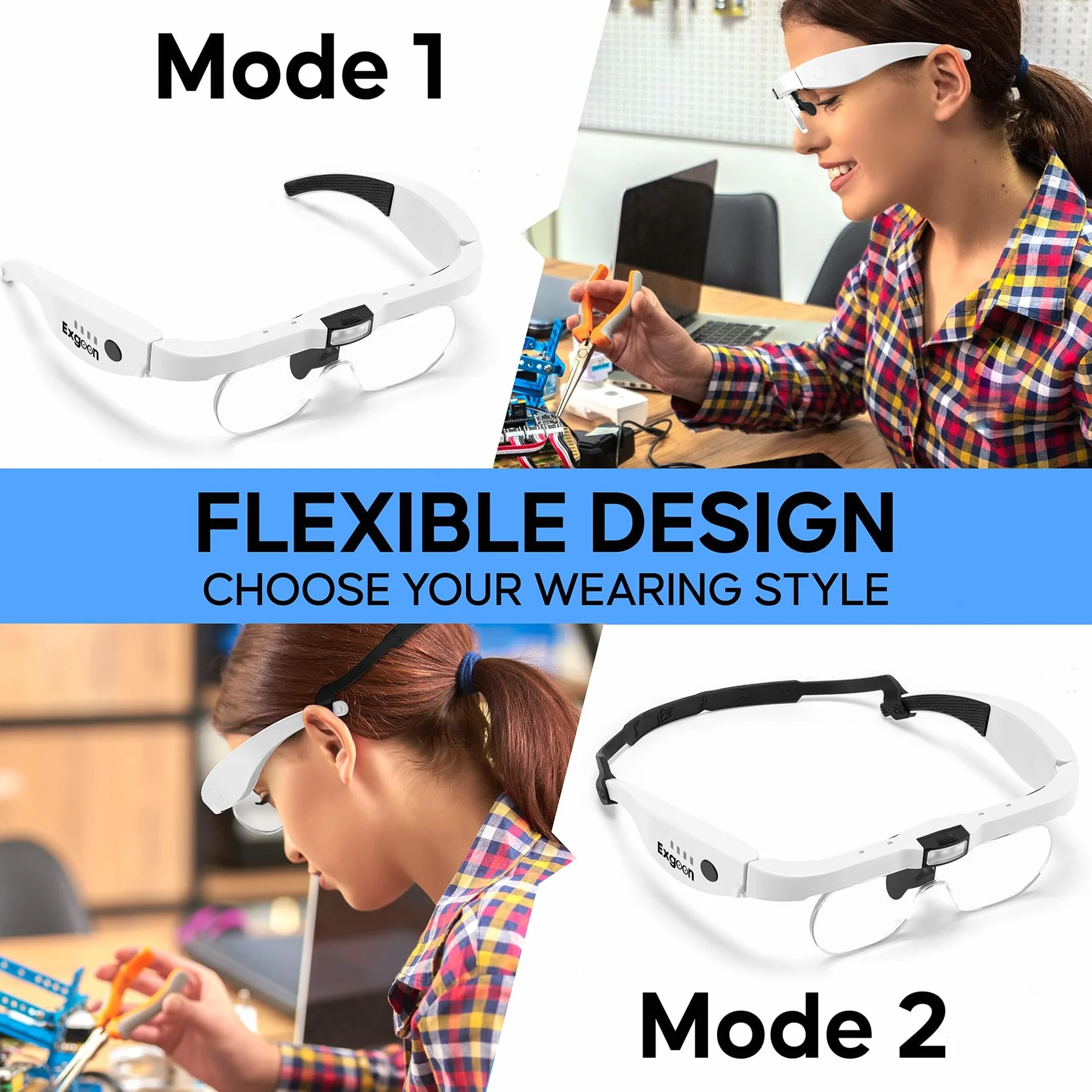 Gafas Lupa con luz led, Aumento de 1.5X a 5X con 4 Lentes reemplazables, Lupa Recargable Manos Libres con luz para Manualidades, Pintura de Diamantes y joyería (Blanco)
