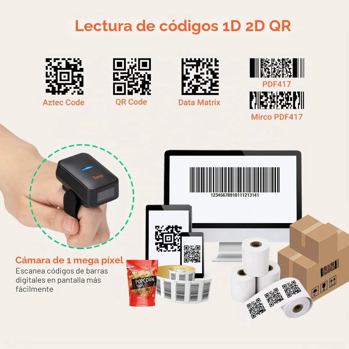 Tera Pro Series Mini 1MP CMOS Ring Lector de código de Barras Escáner de código QR 2D 1D Inalámbrico 2.4G y Bluetooth y USB 2.0 Cable portátil, HW0010