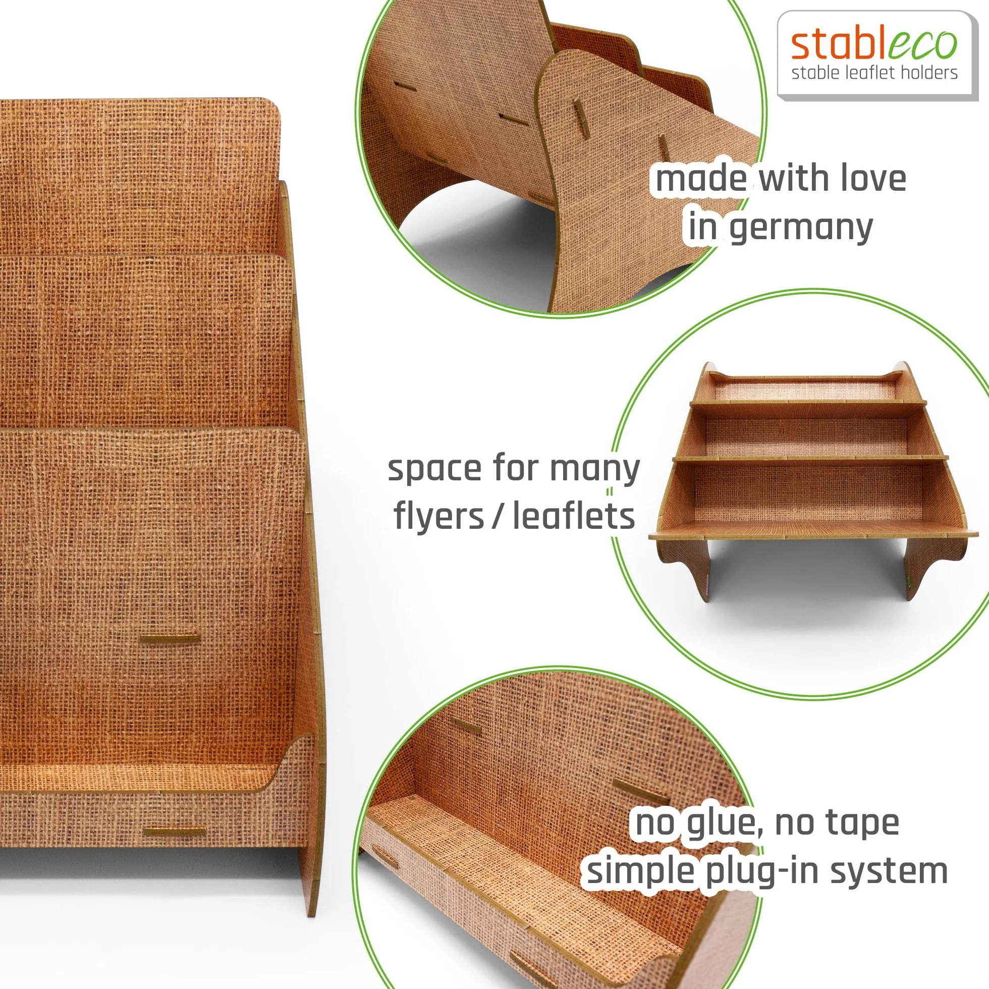 Soporte para folletos ecológico DIN A5 horizontal 3 compartimentos diseño natural