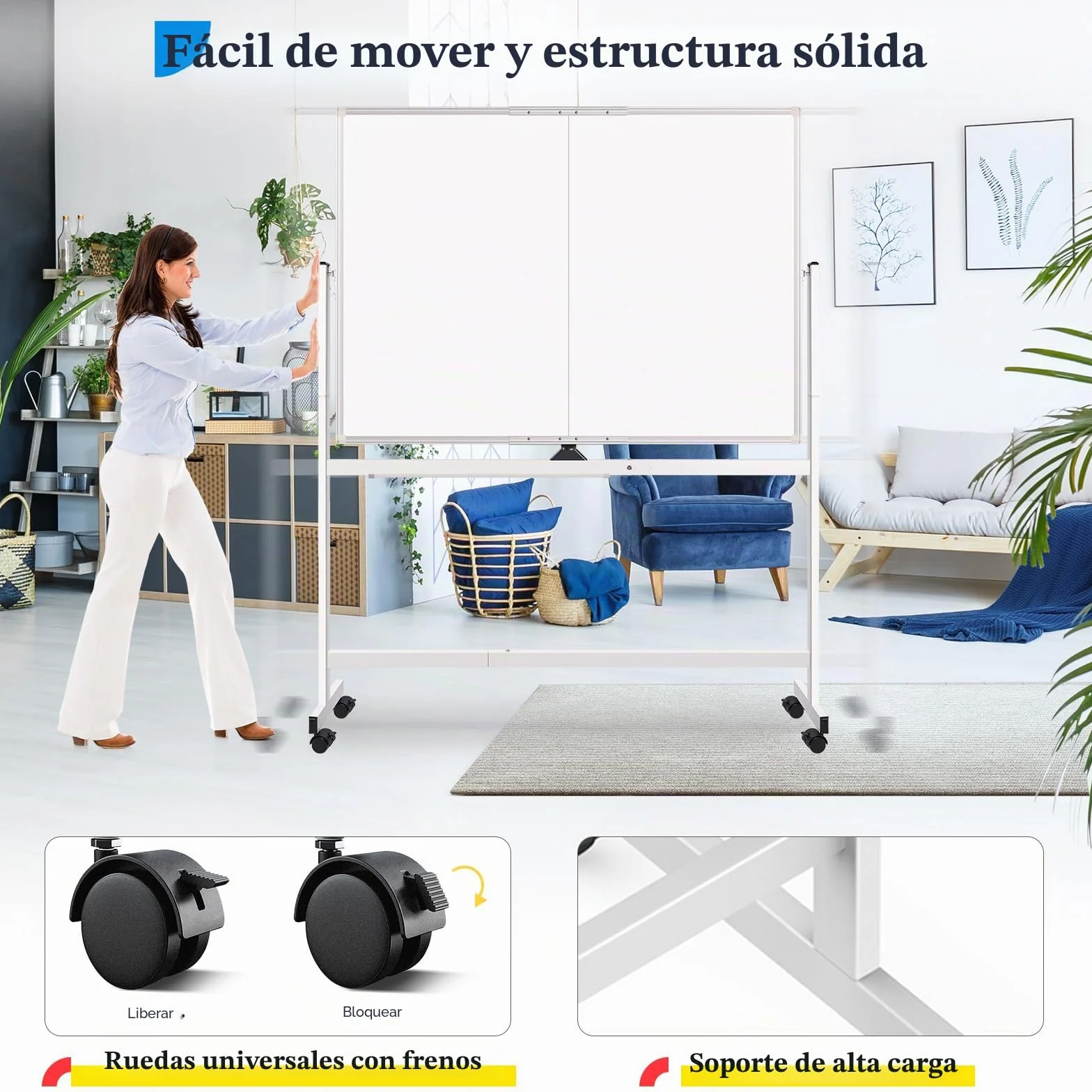 Maxtek Pizarra Blanca con Ruedas 120x90 cm Doble Cara Marco Aluminio Magnética Móvil