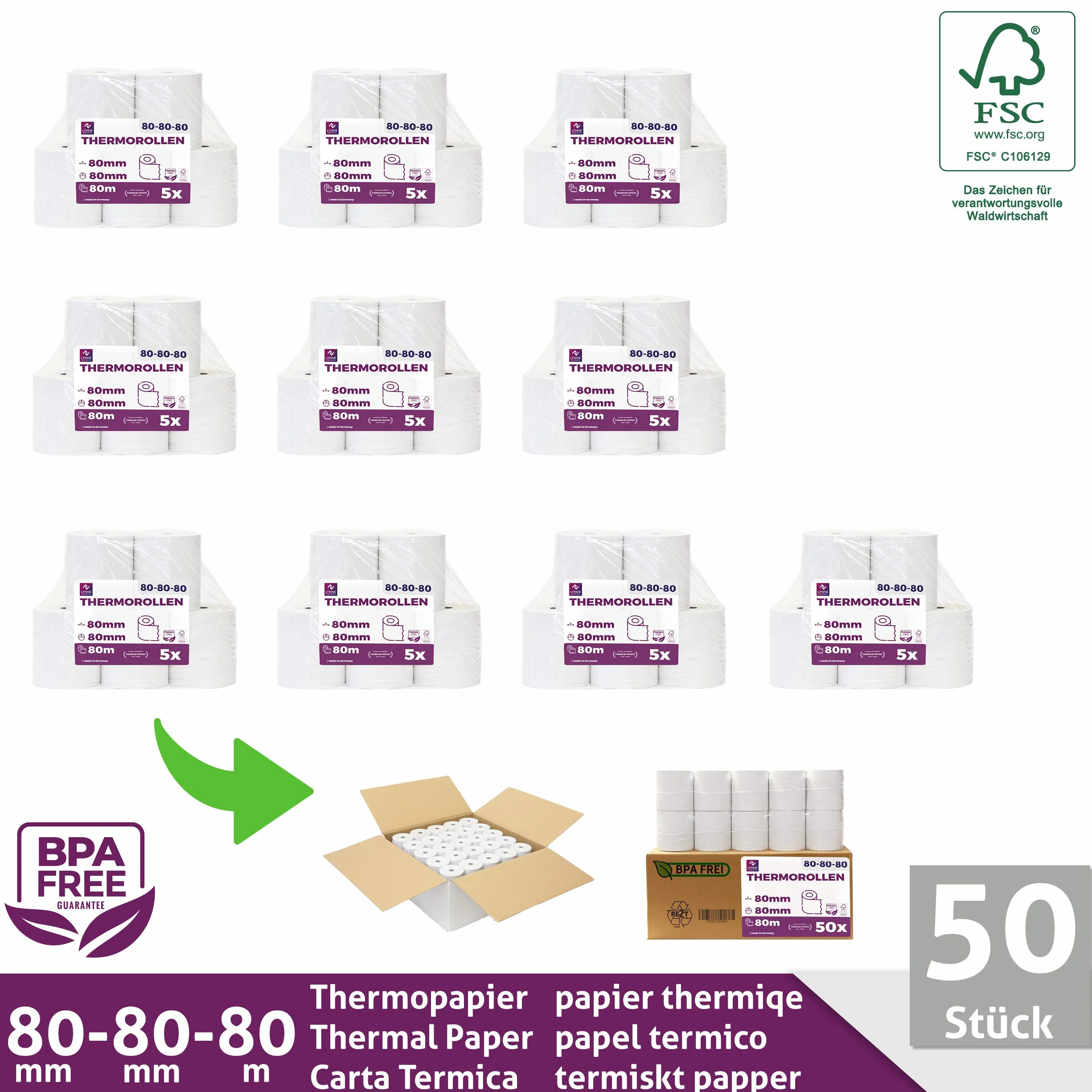 LYNNE - Rollos Papel Termico 80x80 para Impresora de Tickets - Para caja registradora con impresora de recibos - Papel impresora Termica 80x80x12 - Rollo Papel térmico 80mm x 80mm x 80m - [50x]