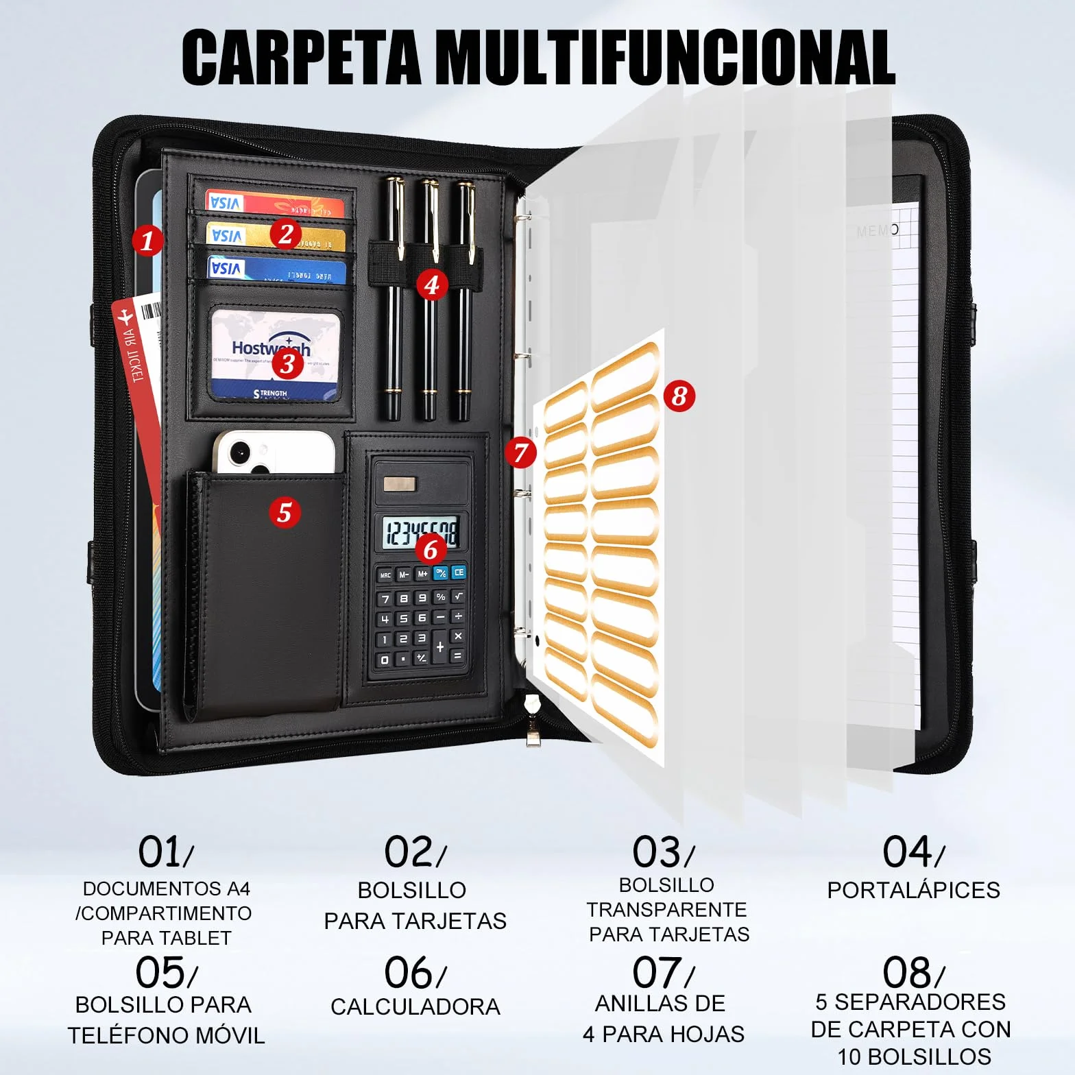 Leathario Carpeta Portadocumentos A4 en Piel Vegana, con Asa, Cuaderno, Portadocumentos con Bloc de Notas y Encuadernación de Anillas, Protectores de Hojas para Entrevistas, Viajes, Reuniones