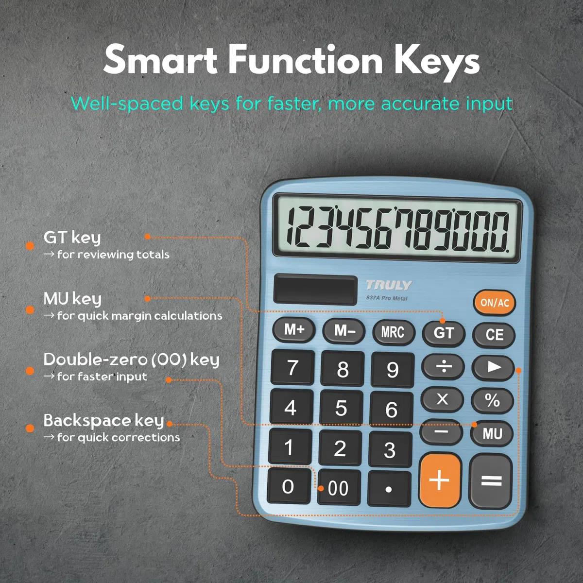 TRULY Calculadora de escritorio de 12 dígitos con pantalla grande, botones grandes, doble alimentación (solar + batería), acabado metálico, ideal para oficina, hogar, escuela - 837A Pro azul claro