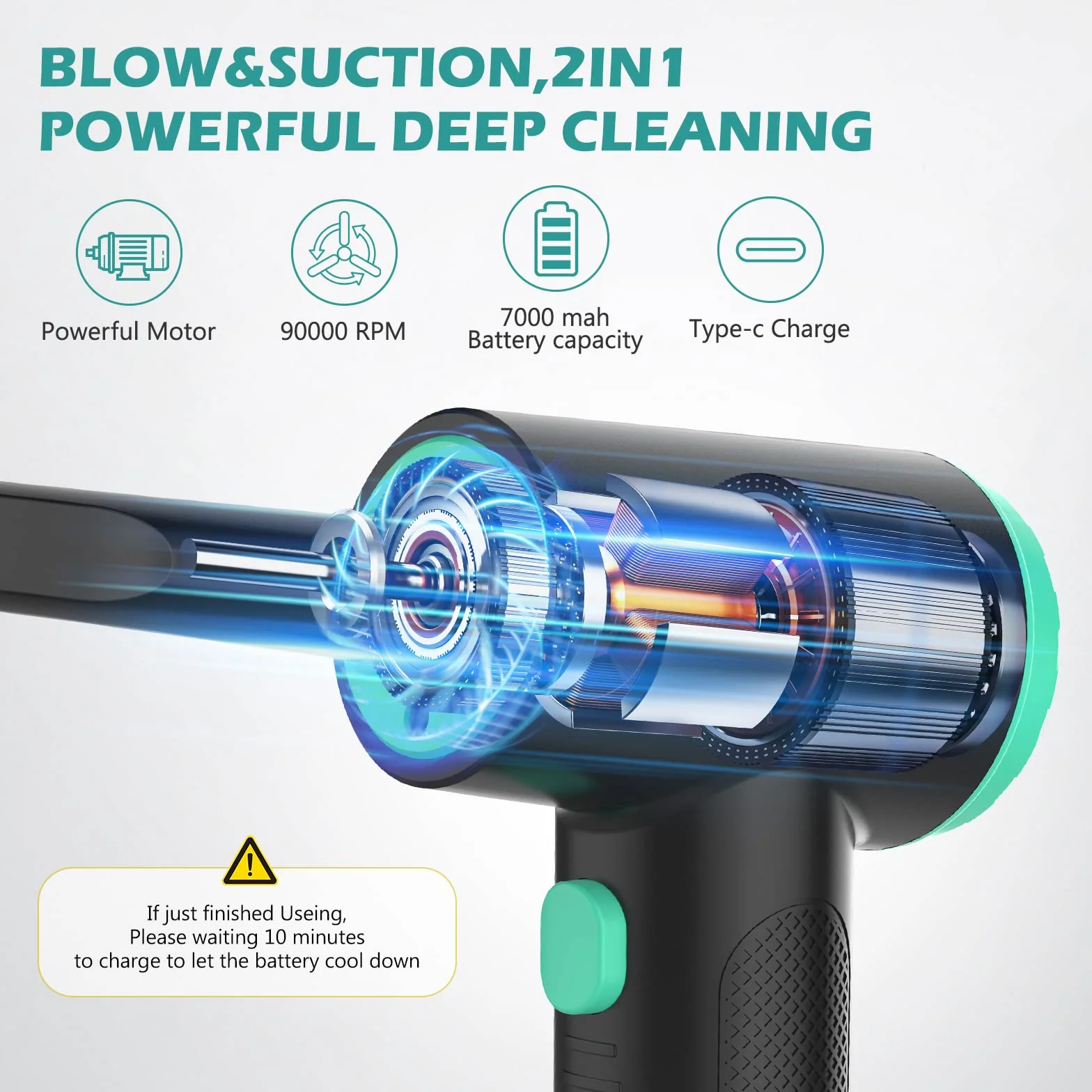 EVARYOO Soplador de Polvo Eléctrico y Mini Aspirador 2 en 1, 3 velocidades,90000RPM, 12Kpa, 7000mAh, con LED,Aire Comprimido Limpieza PC Sin Cable para computadora,Sofá,Mascotas,Automóvil