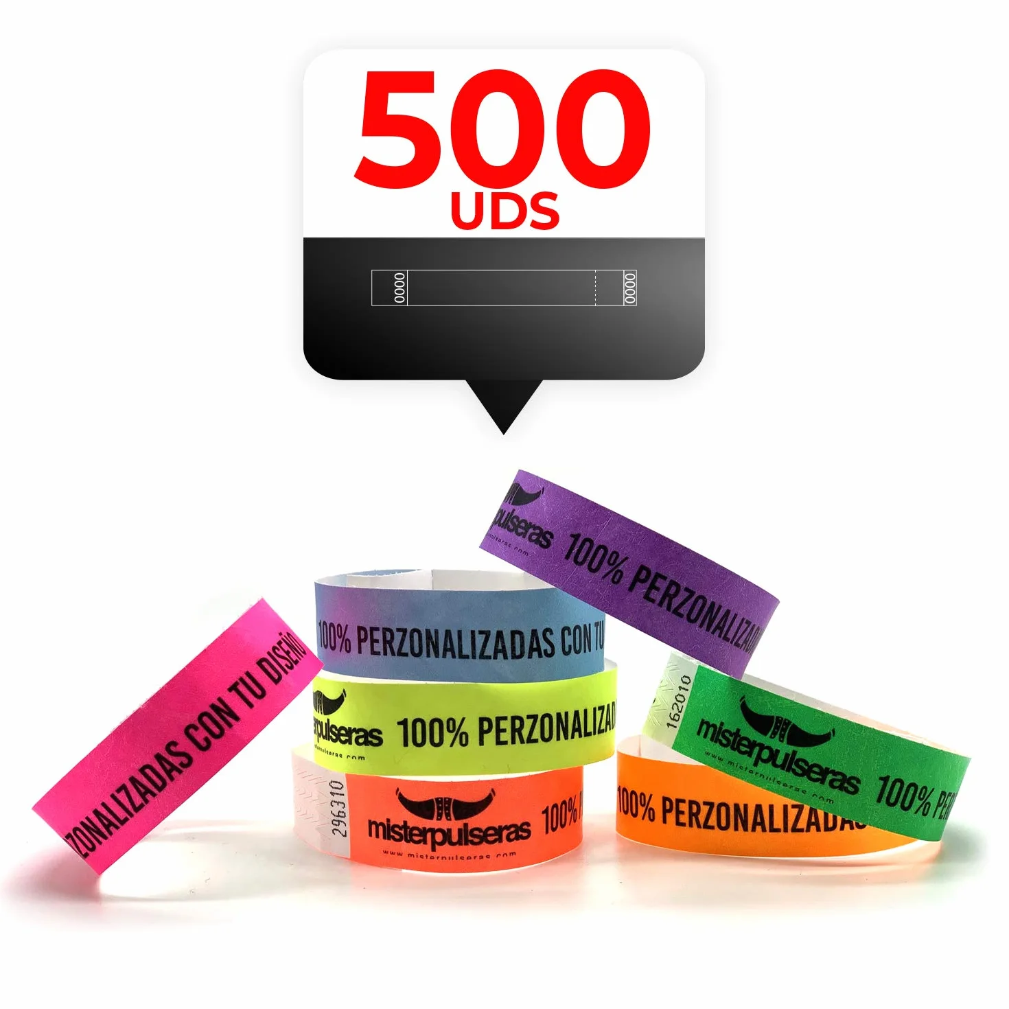 Pack 500 Pulseras TYVEK 19mm personalizadas a 1 color tinta negra