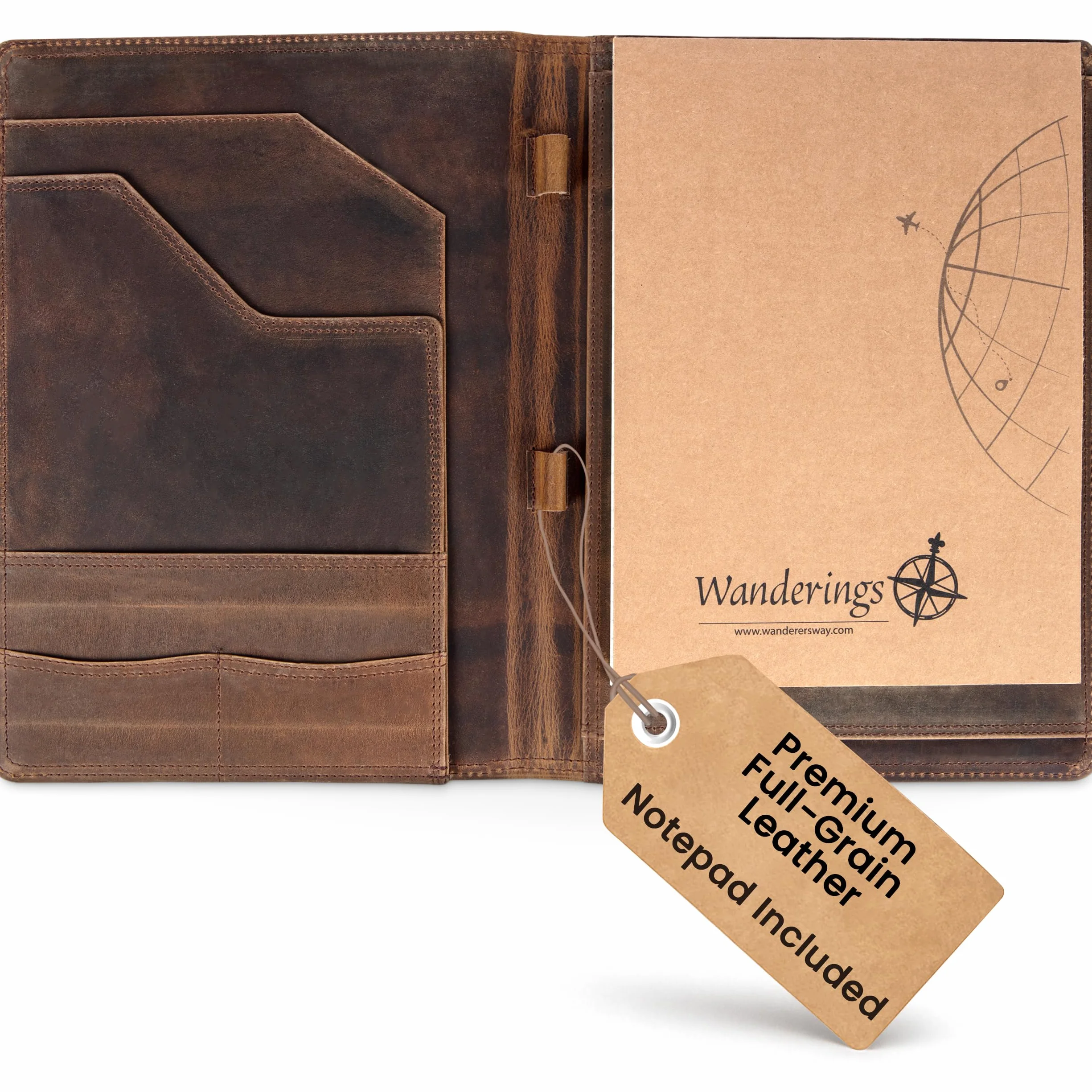 Wanderings Portadocumentos de Cuero Vintage - Organizador Profesional y Carpeta de Currículum, Carpeta de Documentos de Cuero Antiguo con Bloc de Escritura. Regalo Ideal Para Hombres y Mujeres