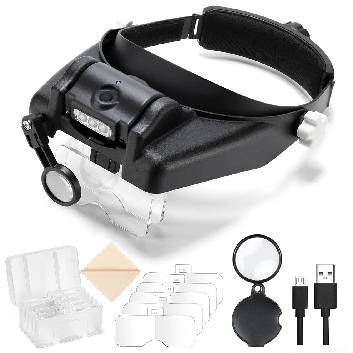 Lupa con luz manos libres, lupa de 1X a 14X para trabajo cercano, auriculares de lupa ajustables para joyeros con lentes intercambiables 1x, 1.5X, 2X, 2.5X, 3.5X para pasatiempos, monedas,