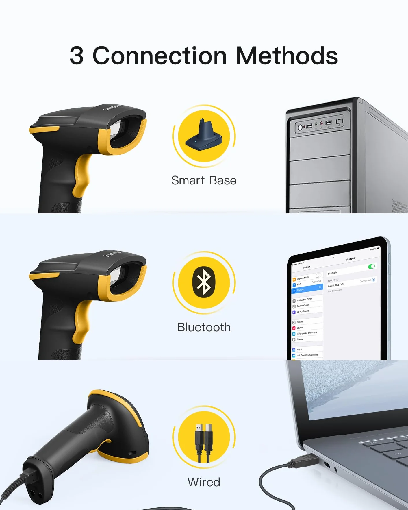 Inateck Lector De Códigos De Barras Inalámbrico, Bluetooth 5.0, Base Inteligente 2.4Ghz, Escaneo En Pantalla, BCST-54 (Negro)