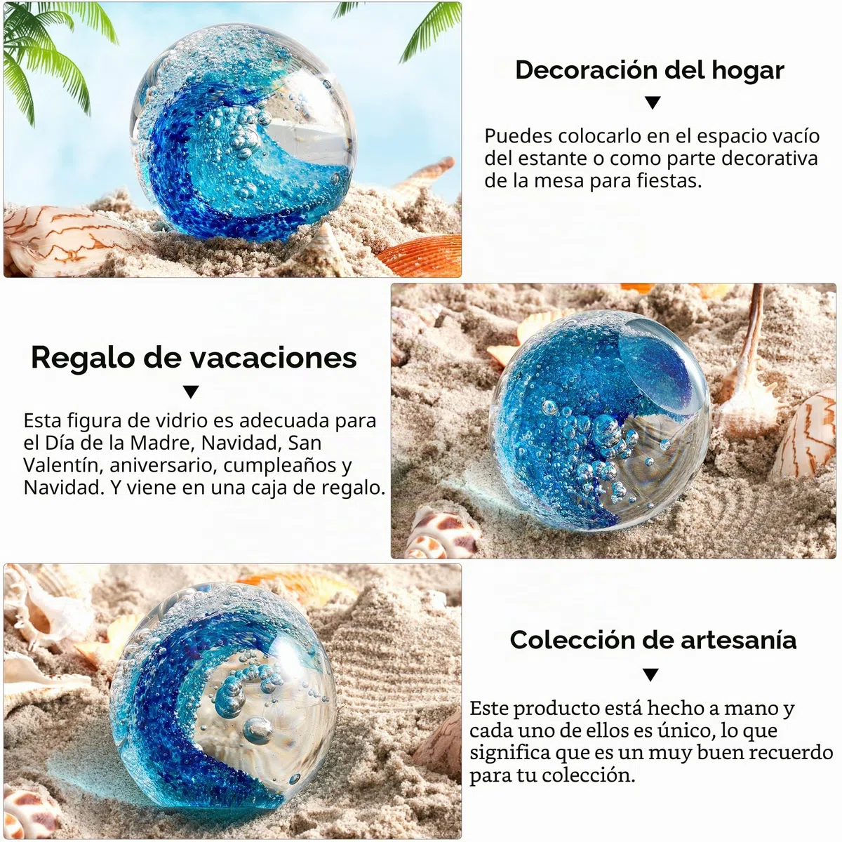 EUSTUMA Figura de vidrio, bola de olas del océano, pisapapeles de oficina, decoración del hogar y acuario, azul, moderno