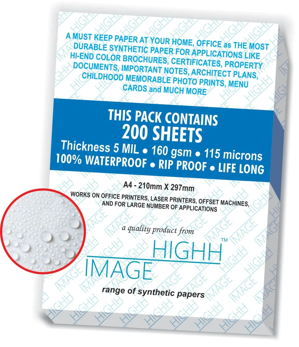 Papel impermeable | 200 hojas, A4, 160 GSM, 5 MIL, papel sintético, de HIGHH Image para impresoras láser. No apto para impresoras de inyección de tinta.
