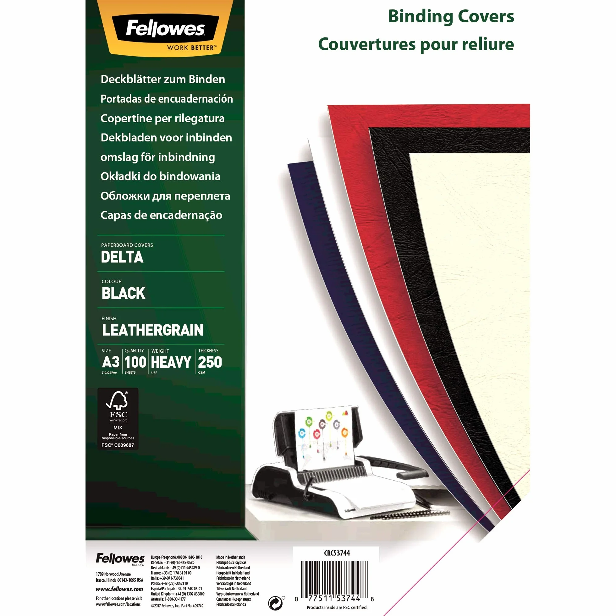 Fellowes Portadas para encuadernar de cartón símil piel Delta Cuero, extra rígido, 250 micras, 100% reciclables, formato A3, con certificación FSC, pack de 100, color negro