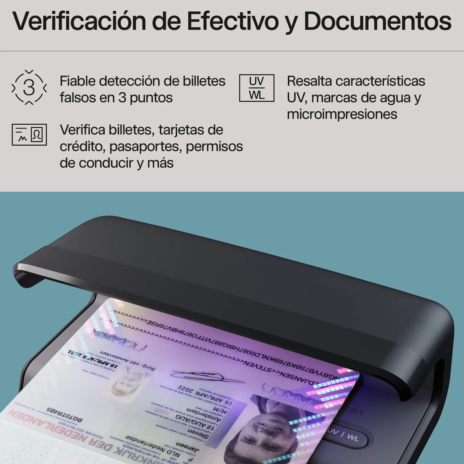 Safescan 75 LED Detector de billetes falsos UV blanco triple detección
