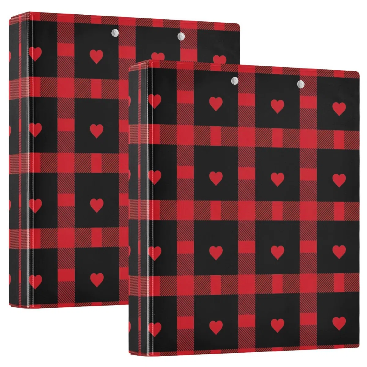 Carpeta clásica de tres anillos a cuadros rojos y negros, carpeta de anillos en D, paquete de 2 | Con portapapeles y bolsillos, para escuela, universidad, oficina